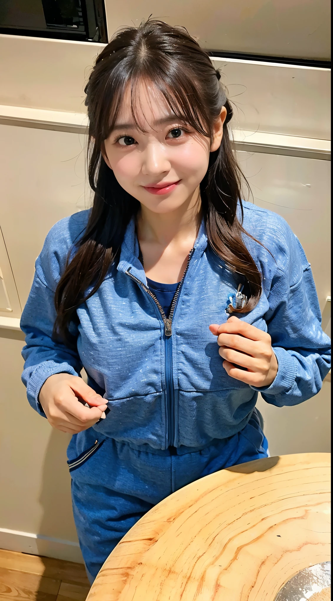 (8K、Raw photo、highest quality、masterpiece:1.2)、(realistic、Photoreal)、Angle from above、very big breasts、long sleeve clothes、Only the upper body is visible、luxury bedroom、girl looks up、upward glance、(Blue tracksuit:1.5)、I can see the cleavage