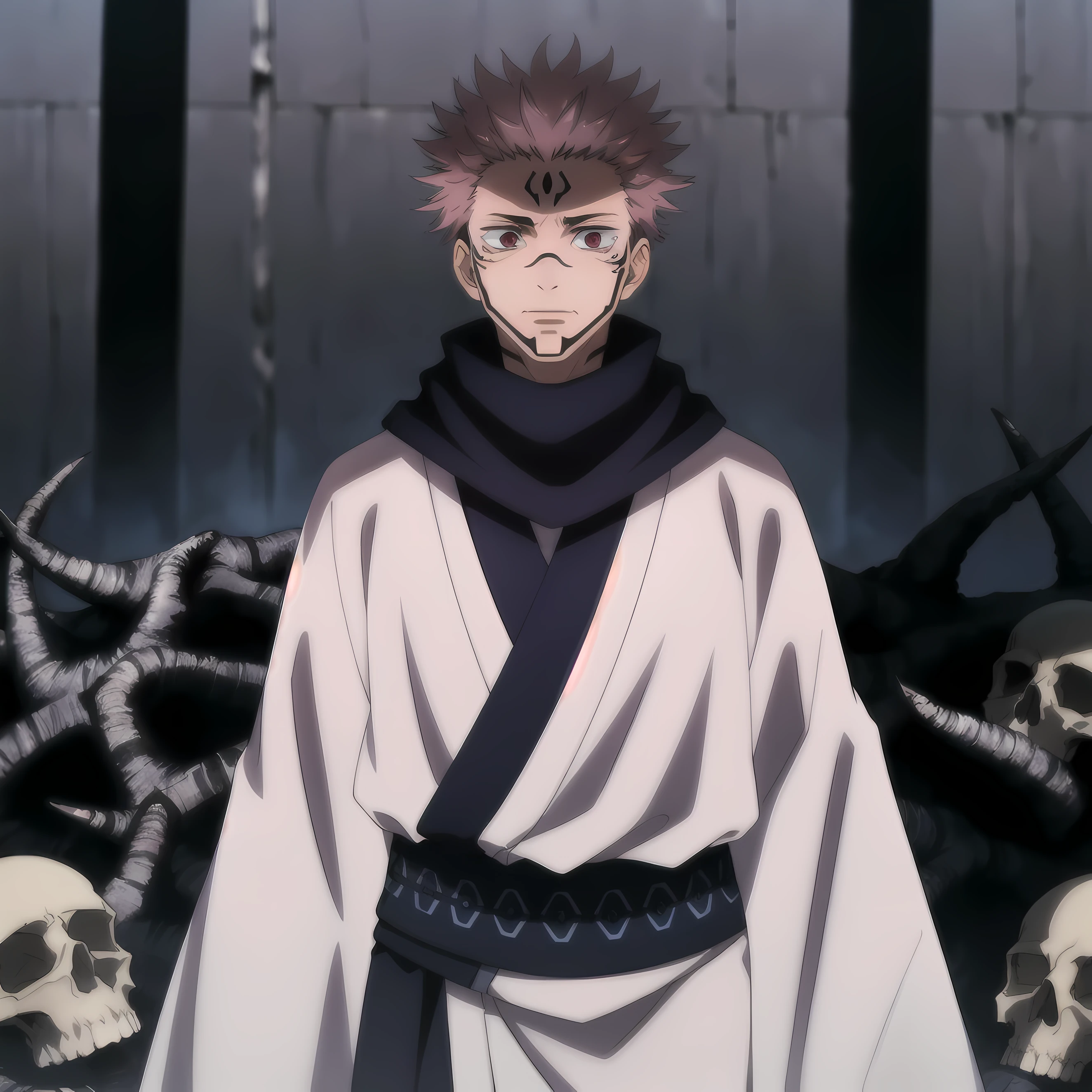 masterpiece,high quality,solo,
RyomenSukuna,1man,
blue scarf,japanese clothes,white kimono,wide sleeves,long sleeves,
obi,
tabi,zouri,
hell,shadow,shadowed face,skull,
