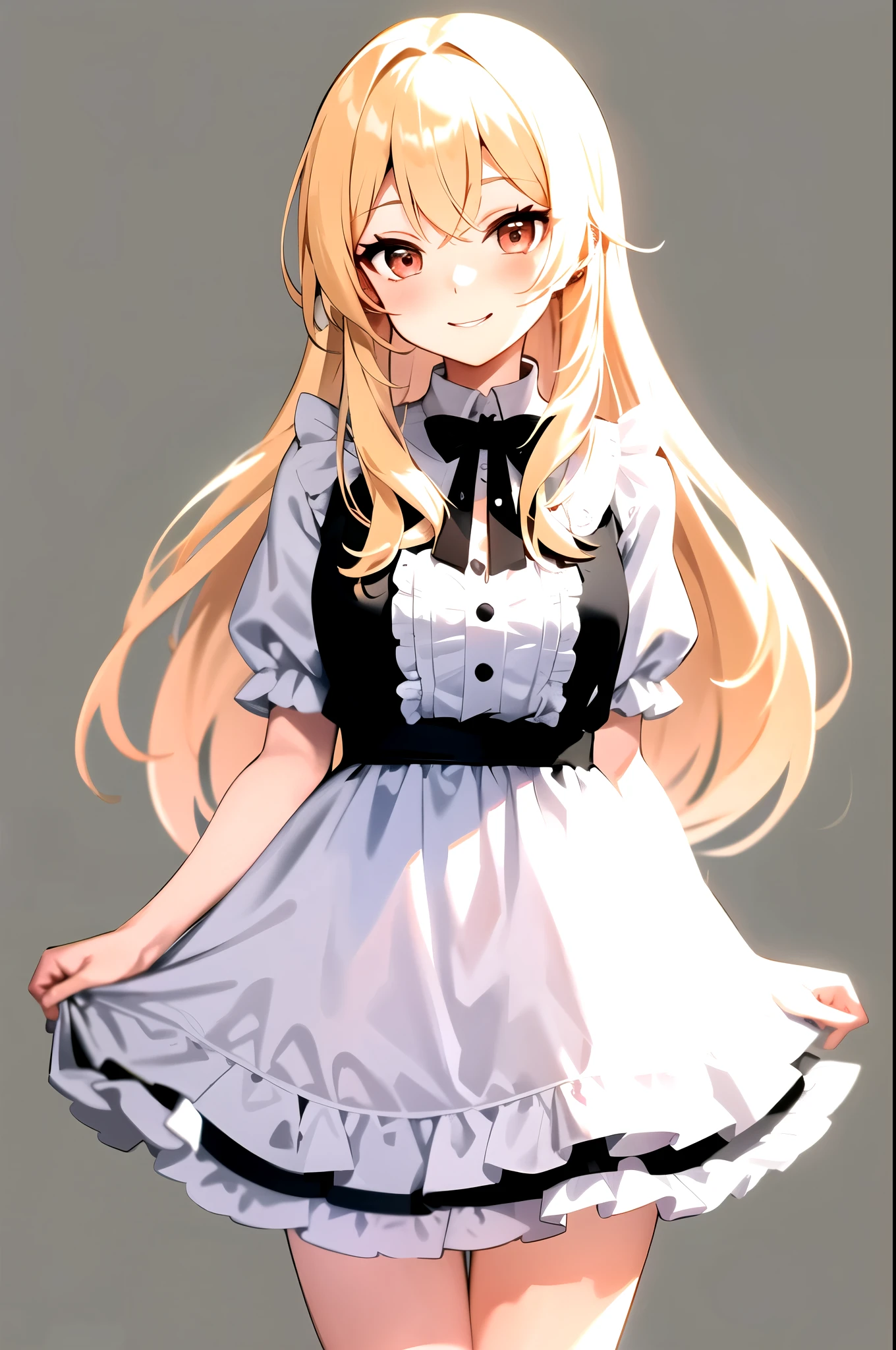 smile, Cafe , blonde , long hair , looking at the viewer, cowboy shot, Are standing, 1 girl, upright , Black and white clothes, frills , No pose , (simple background) , take no pose , Hearts in my eyes, I'm embarrassed , blush