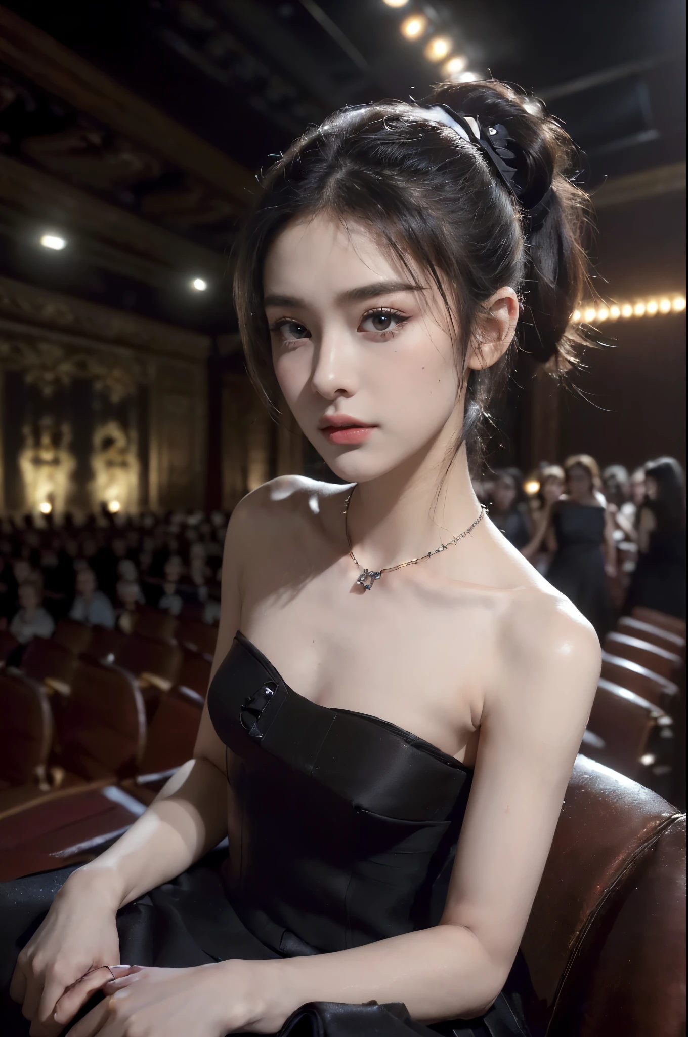 ((((8k))),((Extremely meticulous CG)) ,(wallpaper),16k,((Extremely refined and beautiful)),(((Masterpiece))),(((best qualtiy))),(((Ultra High Resolution))),beautiful light up,Perfect lightning,realistic shaded,((high resolution)),(Smooth and flawless skin:1.5),(Extremely exquisite facial details:1.2),(perfect body:1.2),(ultra-detailed),((A beautiful girl,solo)),(small head:1.2),(pale skin:1.3),(short ponytail:1.2),(small face:1.2),(baby face:1.3),(Exquisite makeup:1.2),(small breasts:1.2),(flat chests:1.2),((slim,thin)),((Frowning, frightened, panicked)),(necklace:1.2),(strapless black dress:1.5),(night scene:1.3),(In an opera house:1.5),(Luxury decoration:1.3),(neon lights:1.2),(auditorium:1.3),(detailed background:1.5),(sitting in the seat:1.3),(upper body:1.3),(from back:1.3),(surrounded by crowded crowds of audiences:1.5),