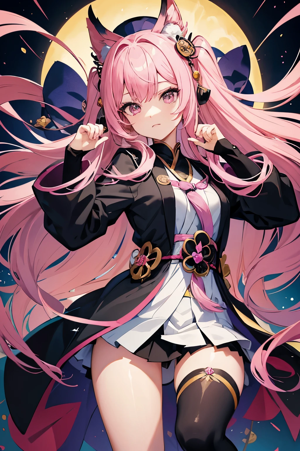 anime girl with pink hair and a black jacket holding a purple object, a character portrait by Puru, pixiv, shin hanga, portrait knights of zodiac girl, ayaka genshin impact, onmyoji portrait, rogue anime girl, best anime 4k konachan wallpaper, ayaka game genshin impact, keqing from genshin impact