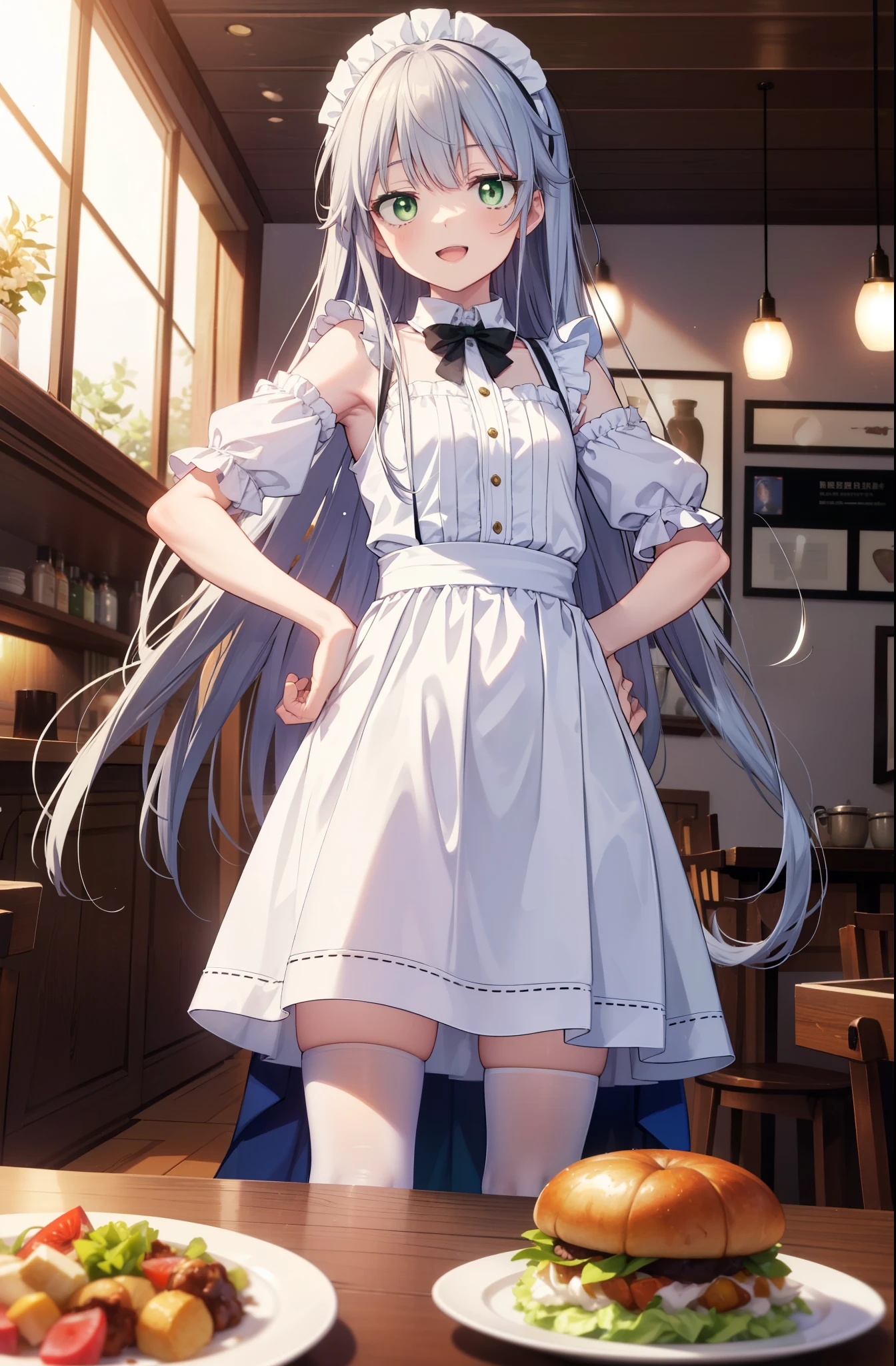 index, index, (green eyes:1.5), silver hair, long hair, (flat chest:1.2),happy smile, smile, open your mouth,she was wearing a maid,long skirt, white stockings on her legs,put both hands on hips,stand with respect,bare shoulders,look up from below,There'There'there is a lot of food on the table, break looking at viewer, Upper body, whole body, break indoors, restaurant,viking, break (masterpiece:1.2), highest quality, High resolution, unity 8k wallpaper, (shape:0.8), (fine and beautiful eyes:1.6), highly detailed face, perfect lighting, Very detailed CG, (perfect hands, perfect anatomy),