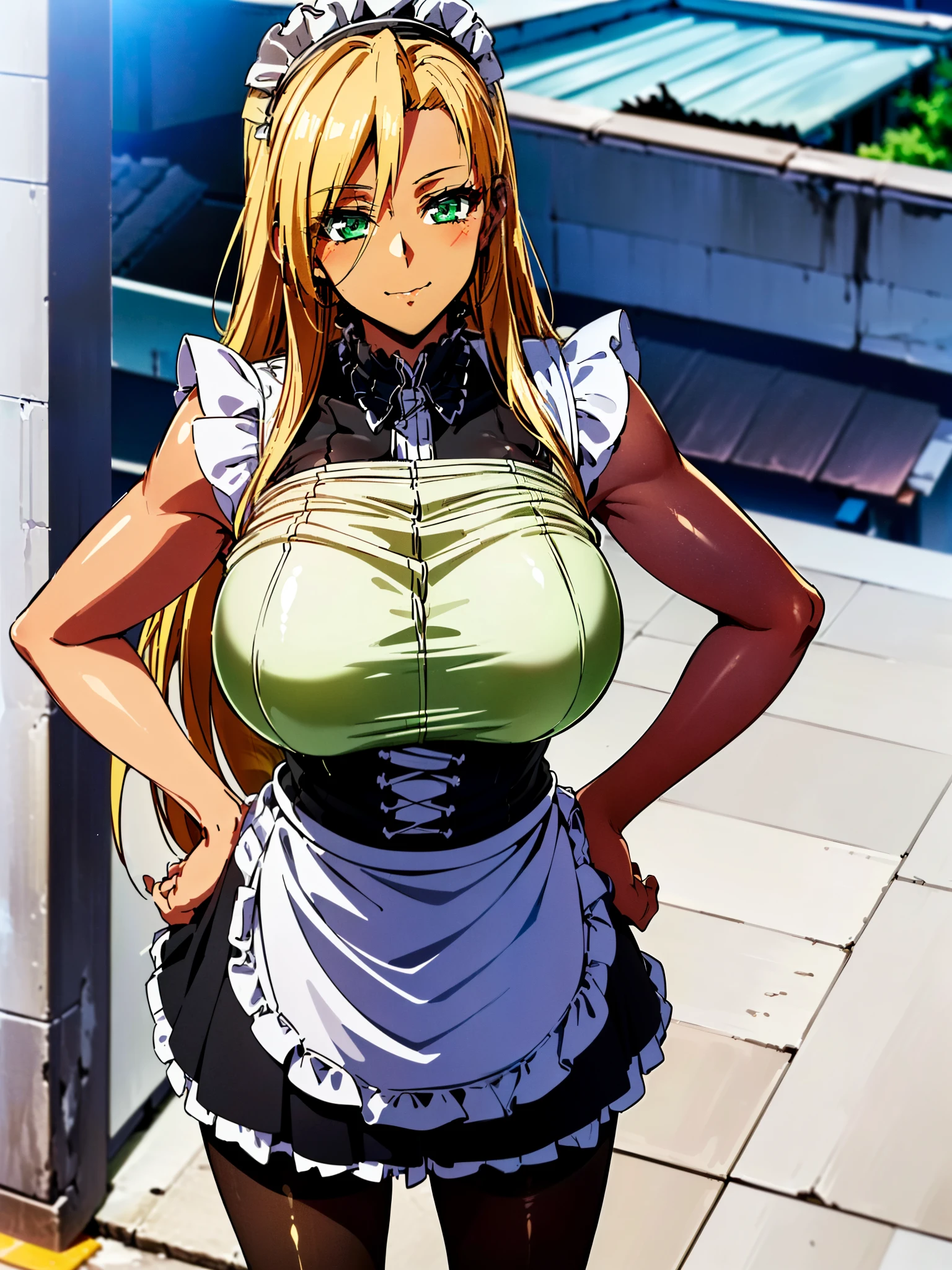 masterpiece, best quality, extremely detailed, 1girl, milf, solo, (dark skin, black skin:2), Chisato Hasegawa, (huge breasts:1.6), ((((blonde hair), long hair, green eyes))), parted lips, (((maid outfit, frilled apron, white apropn, medium skirt, pantyhose))), ((naughty smile), closed mouth), ((hands on own hips, rooftop))