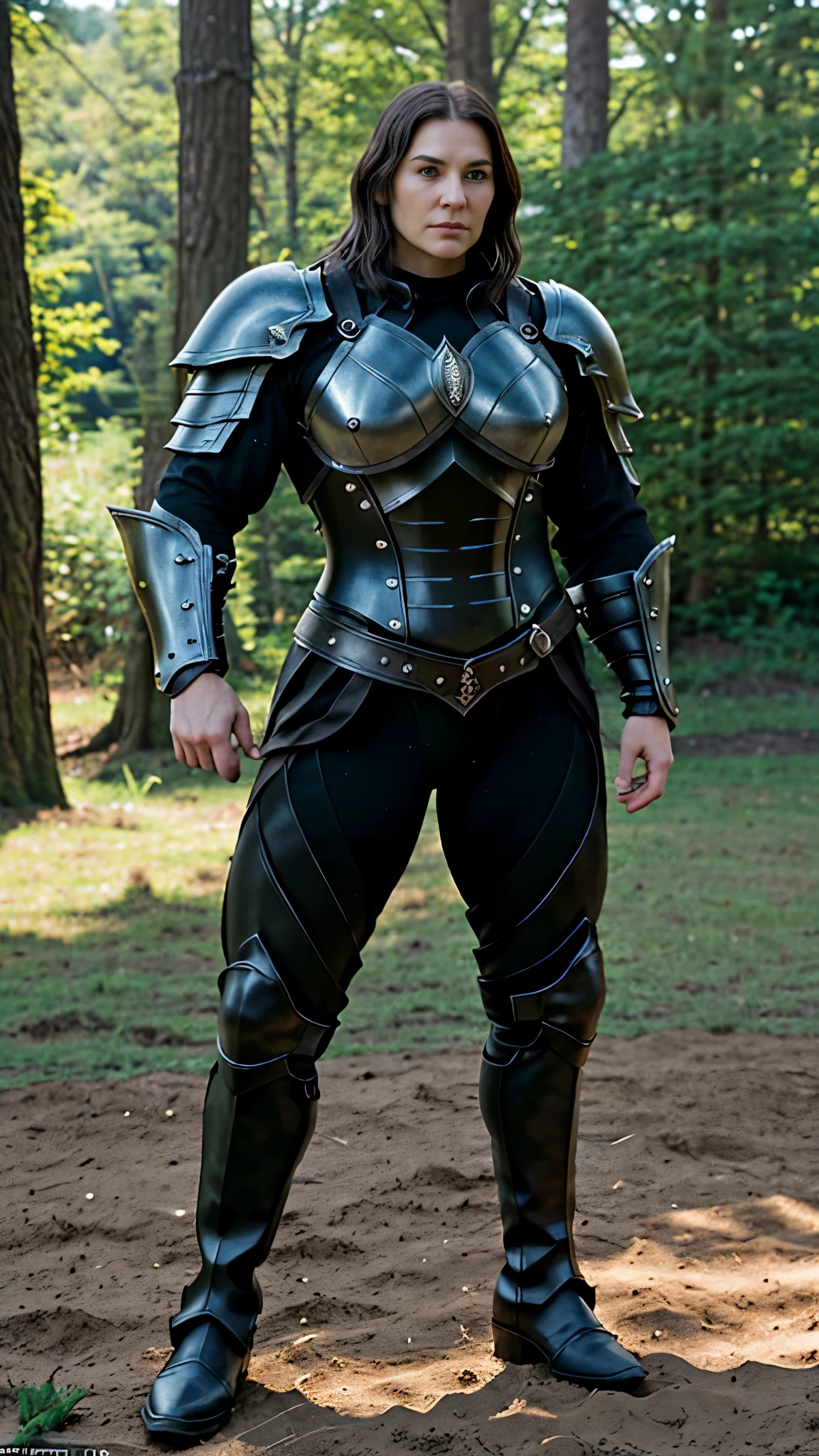 Full body shot,fantasy world, middle age woman,huge,muscular,short hair,masculine face,black steel armor,black armored pants,black armored boots,holding a great axe,standing,masculine pose,strong expression,looking at viewer,body facing to viewer,field background,facing to camera,body facing to camera,detailed face features,detailed armor,detailed sword,natural lighting