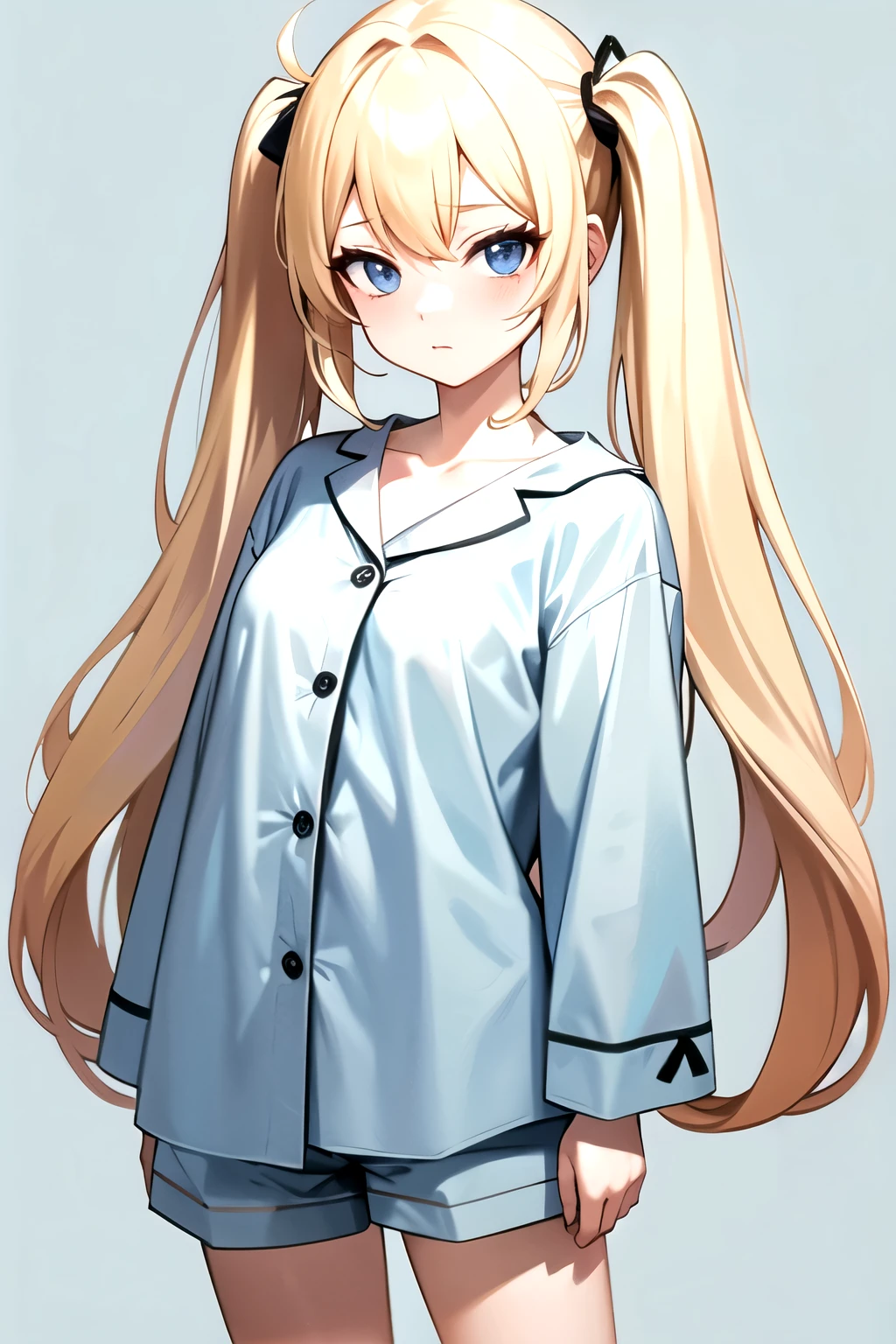 , blonde , long hair , twin tails , looking at the viewer, cowboy shot,  Are standing,  1 girl, upright , light blue pajamas, Pajamas , No pose , (simple background) , take no pose , pajamas