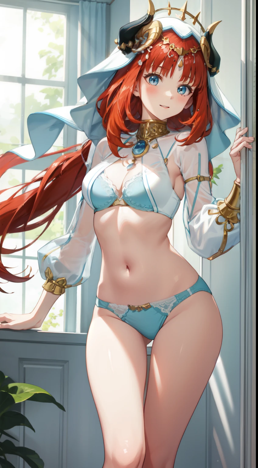 slim legs, blue eyes, Nilow, redhead, long hair, fascinating , Medium chest, Happy、Natural light、white room、transparency、upper arm、lingerie、In underwear