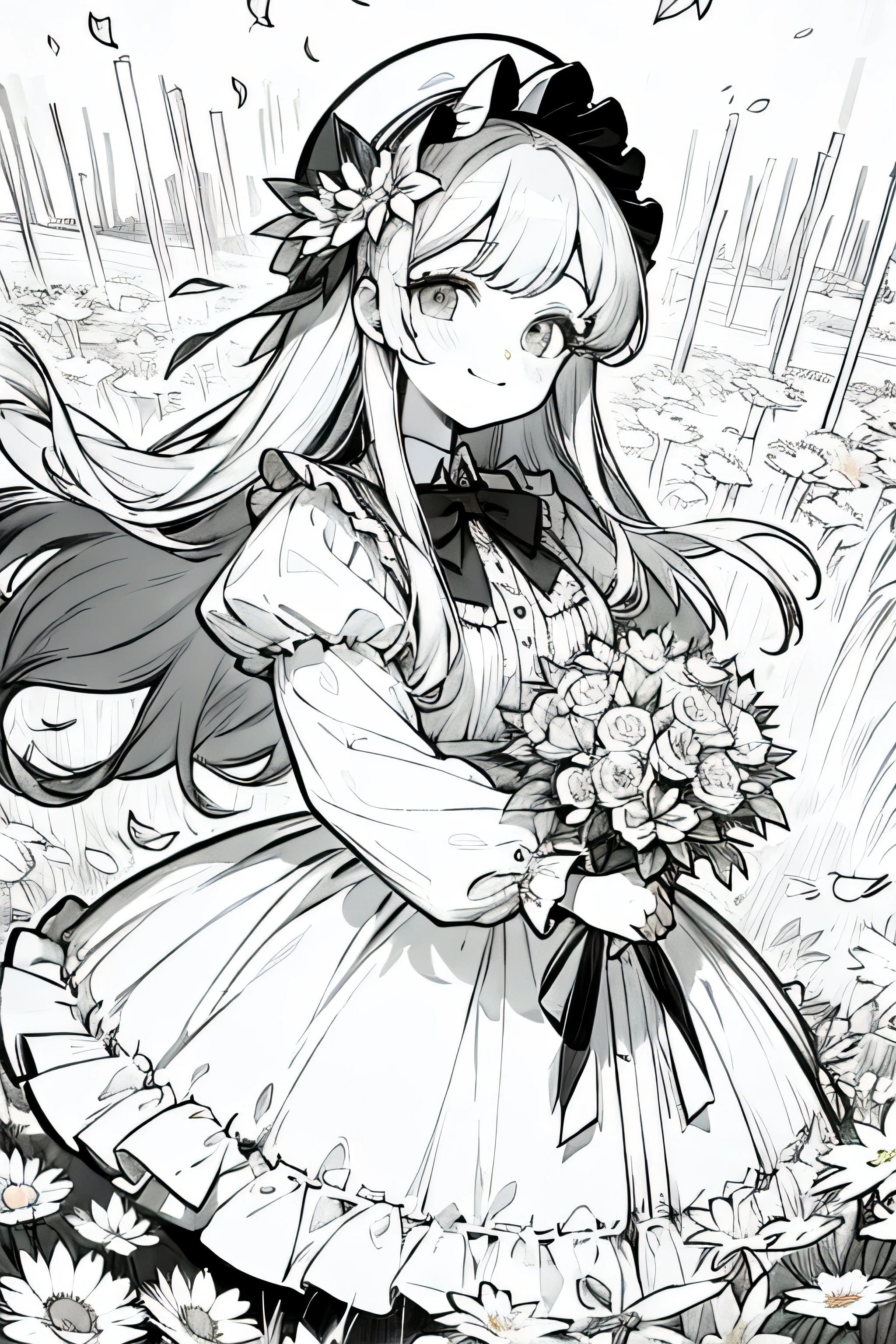 masterpiece, best quality, I gril, Solo, long hair
looking at viewer, smile, bangs, skirt, shirt, long sleeves, hat, dress, bow, holding, closed mouth, flower, frills, hair flower, petals, bouquet, holding flower, center frills, bonnet, holding bouquet, flower field, flower field, lineart, black and white