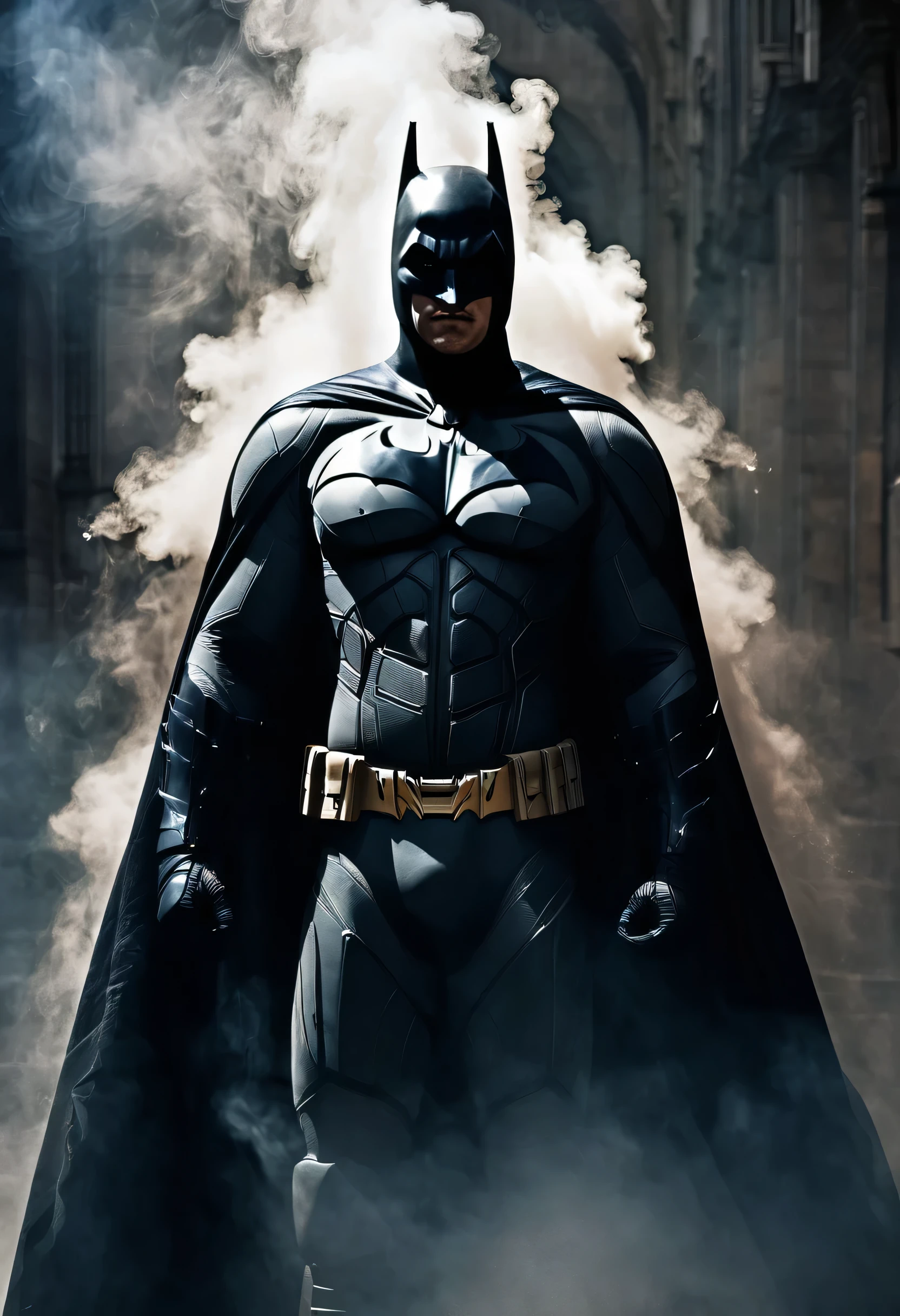 batman　disappearing into the darkness　dark Knight　open the cloak　in the smoke