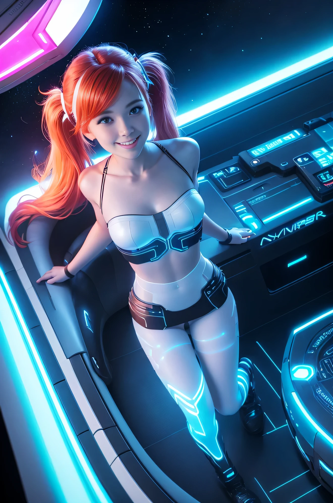 (overhead view) Cute redhead with rainbow colored hair tips, ribbons in her hair, 18-year-old woman, happy, smiling, in twin tails, perfect eyes, clear sparkling blue eyes, pale skin, silky smooth white skin, alabaster skin, laying on a futuristic bed on a space ship in outer space, (wearing a futuristic mini skirt and tube top (("TRON LEGACY" style)), (night time:1.2), (photo realistic.), (matte pantyhose: 1.2)
