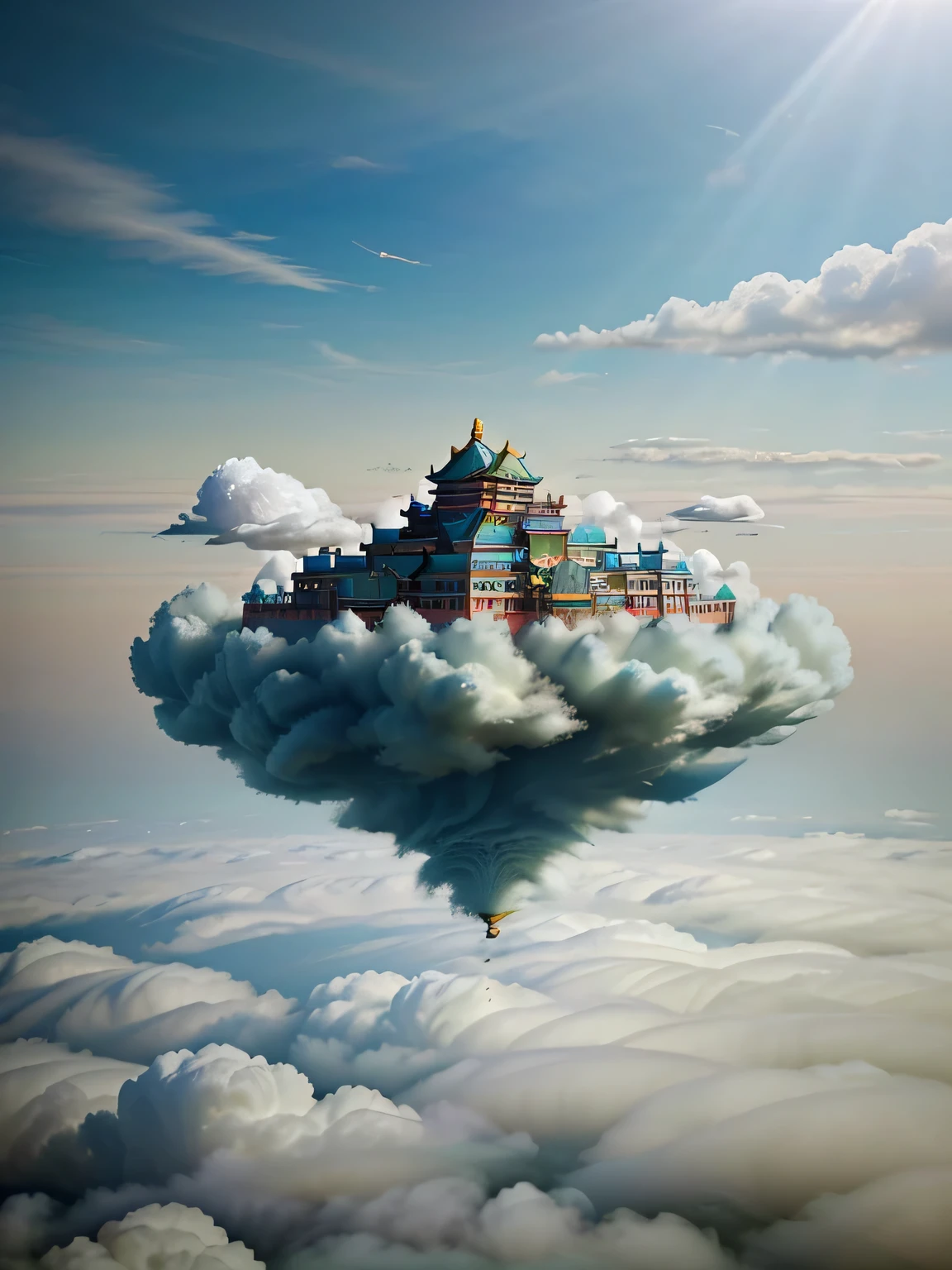 Illustrations of the world of gods in the sea of clouds. (background, ・The dream world surrounded by a sea of clouds is unfolding. ・Clouds are soft, fluffy texture，Vibrant colors，shining. ・Above the sea of clouds, depicts a Chinese palace. ・The palace seems to be floating in the sea of clouds. ・ The Sky Palace floating above the sea of clouds. ),Vision，wide angle
