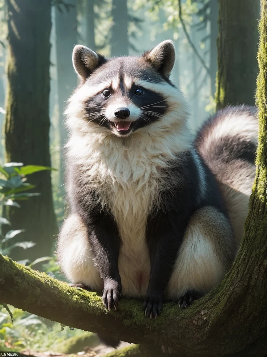 best quality,ultra-detailed,raccoon,fluffy fur,lush green forest background,curious eyes and expressive face,nature lover,paws grasping a branch,playful and mischievous,rich colors,soft sunlight filtering through the trees,adorable and endearing,artistic illustration,realistic style,subtle textures,high contrast,precise details,happy and energetic.