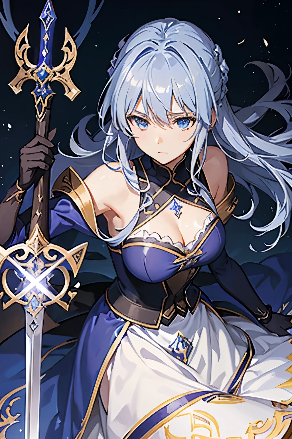 a close up of a woman in a blue dress holding a sword, violet evergarden, artoria pendragon, shadowverse style, detailed key anime art, ayaka genshin impact, detailed anime character art, epic light novel cover art, light novel cover art