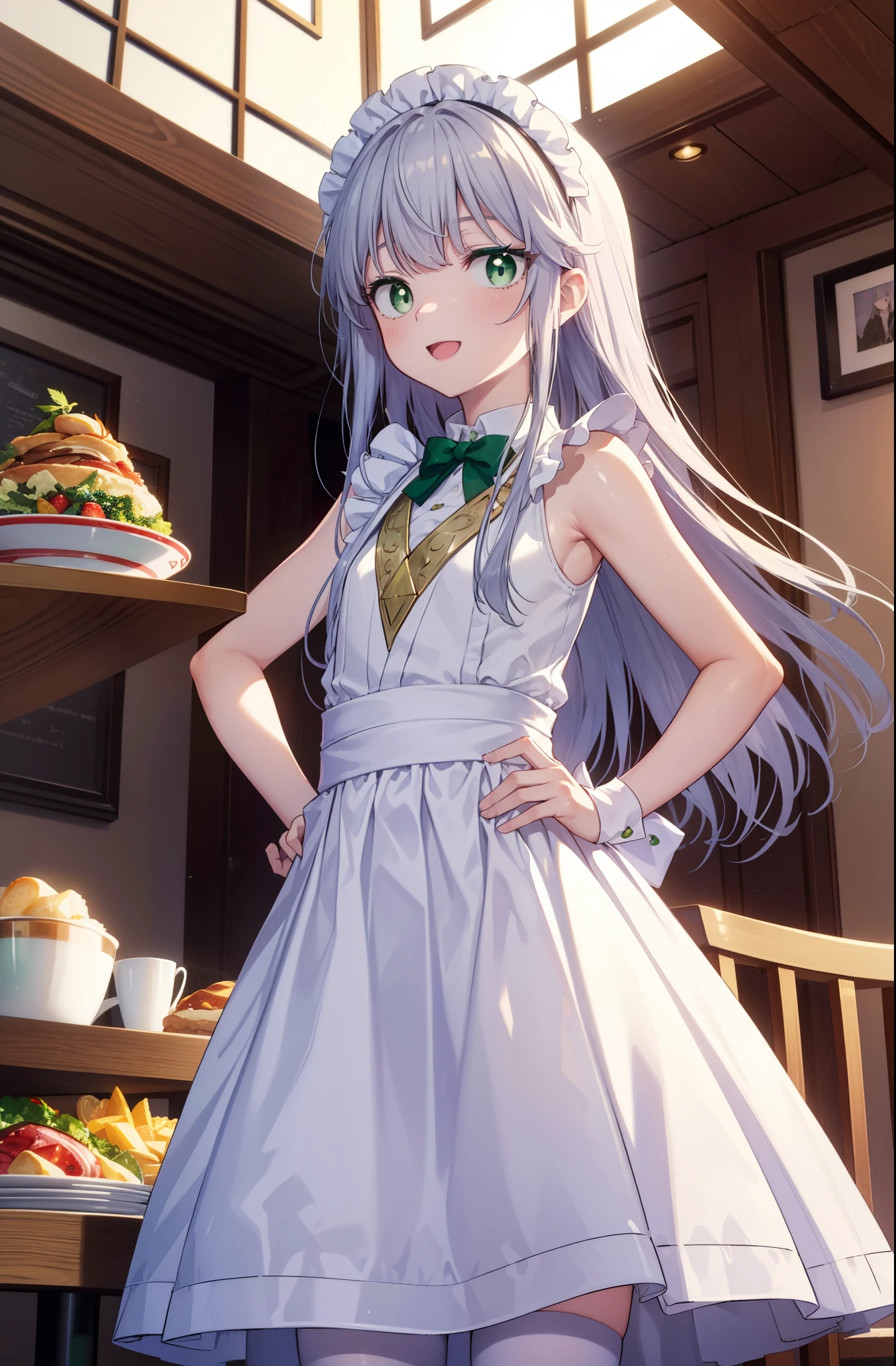 index, index, (green eyes:1.5), silver hair, long hair, (flat chest:1.2),happy smile, smile, open your mouth,she was wearing a maid,long skirt, white stockings on her legs,put both hands on hips,stand with respect,bare shoulders,look up from below,There&#39;There&#39;there is a lot of food on the table, break looking at viewer, Upper body, whole body, break indoors, restaurant,viking, break (masterpiece:1.2), highest quality, High resolution, unity 8k wallpaper, (shape:0.8), (fine and beautiful eyes:1.6), highly detailed face, perfect lighting, Very detailed CG, (perfect hands, perfect ???????),