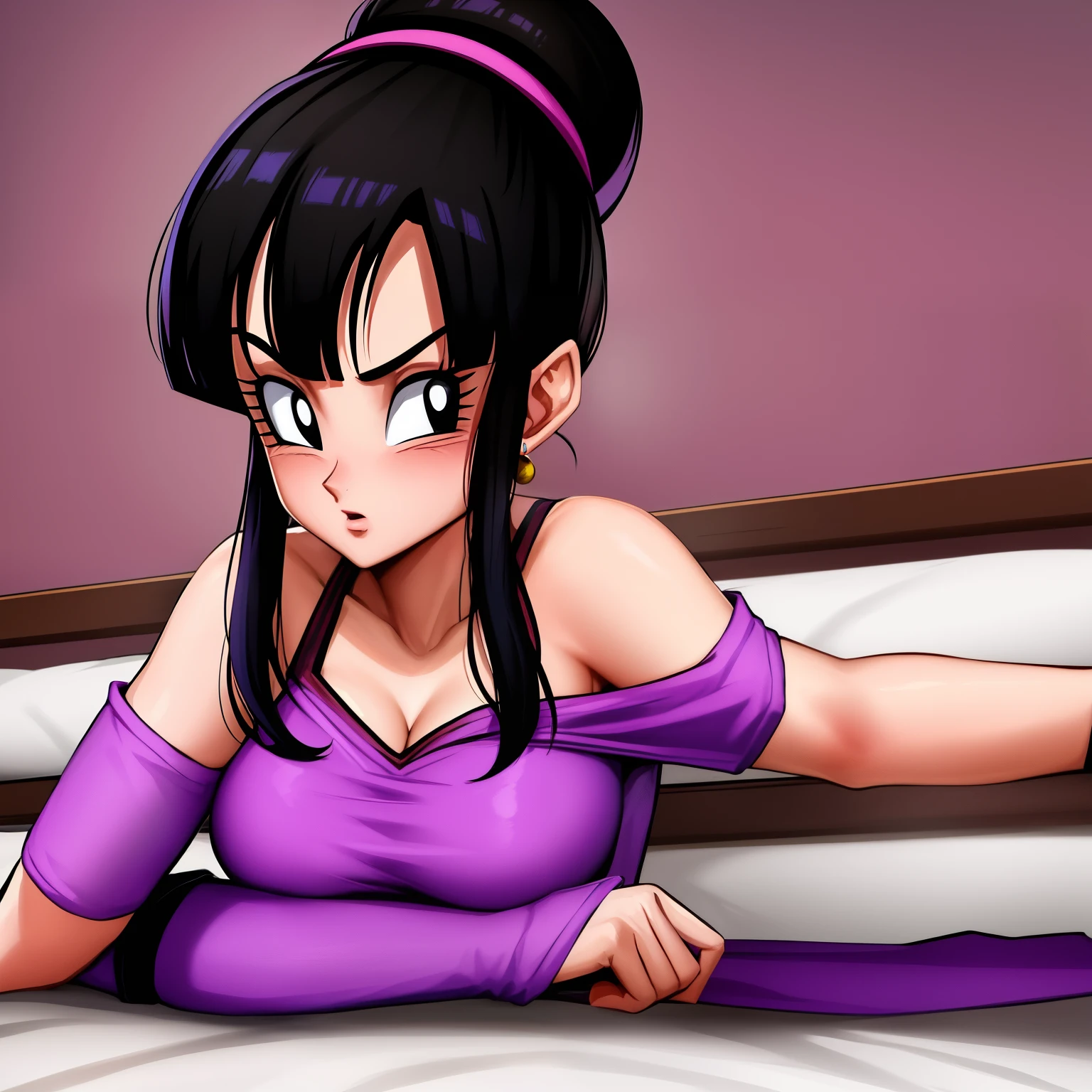 breasts_dbz, de pie, solo, Grande_senos, purple_tener puesto_naranja_handkerchief, parte maestra, Mejor calidad, cara detallada, ojos detallados, alto,