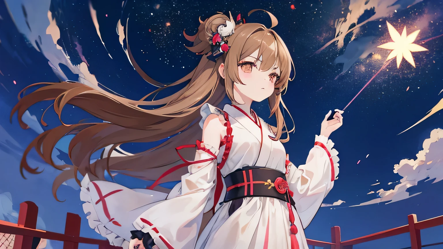 Anime girl with an ahoe (Ahoge) and a clothing item adorned with a headbone, ((light brown hair)). This charming Loli character is dressed in a cute, frilly dress for a playful contrast, embodying the anime Art Style. In contrast, another anime girl appears as a gothic maiden, draped in dark, elegant attire, further showcasing the diversity in anime aesthetics.

Under the star-studded night nucleus, an anime girl gazes intently at the sky, admiring the beauty of the stars. Her red yukata rustles gently in the wind as she stands in a serene field, bathed in the best quality