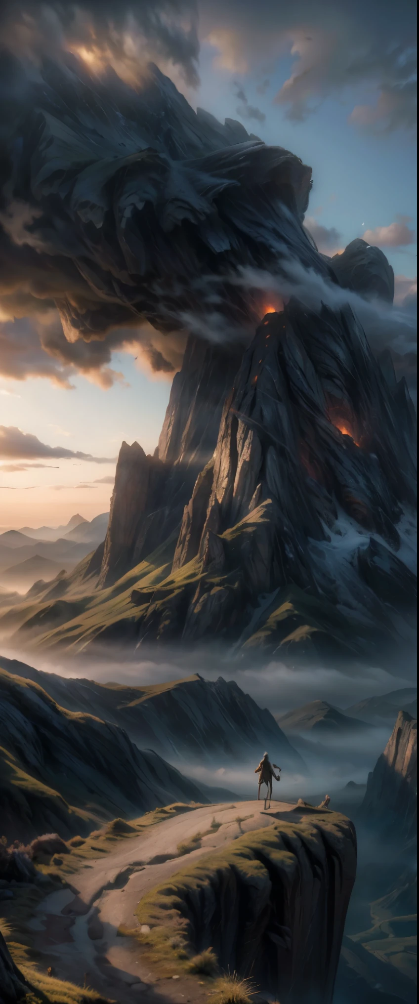 ((masterpiece, highest quality, Highest image quality, High resolution, photorealistic, Raw photo, 8K)),  Alien Landscap, mountains with a person standing on a hill in the distance, most epic landscape, an epic landscape, epic landscape, impressive fantasy landscape, epic fantasy landscape, 8 k matte painting, 8k matte painting, 4k hd matte digital painting, epic cinematic matte painting, matte painting 4k 8k, fantasy art landscape, 4 k matte painting, epic beautiful landscape, epic scenery, The sky is burning and hot gases cover the ground,