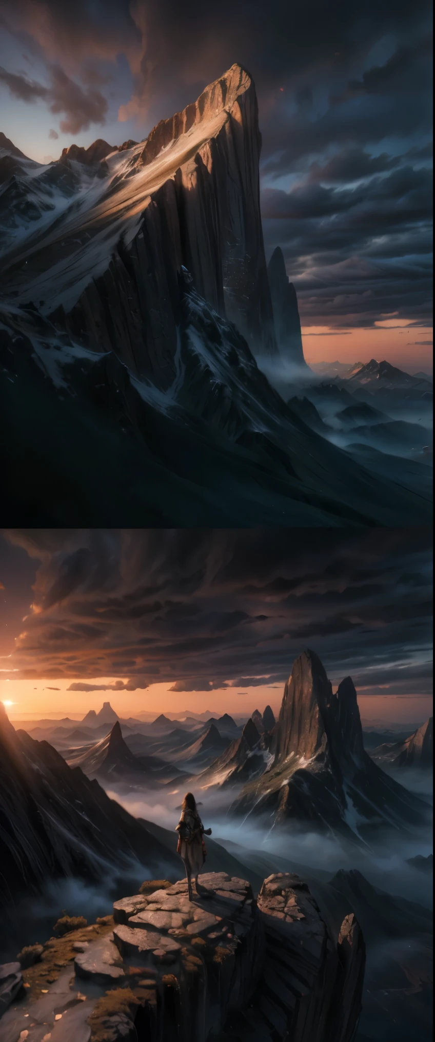 ((masterpiece, highest quality, Highest image quality, High resolution, photorealistic, Raw photo, 8K)),  Alien Landscap, mountains with a person standing on a hill in the distance, most epic landscape, an epic landscape, epic landscape, impressive fantasy landscape, epic fantasy landscape, 8 k matte painting, 8k matte painting, 4k hd matte digital painting, epic cinematic matte painting, matte painting 4k 8k, fantasy art landscape, 4 k matte painting, epic beautiful landscape, epic scenery, The sky is burning and hot gases cover the ground,