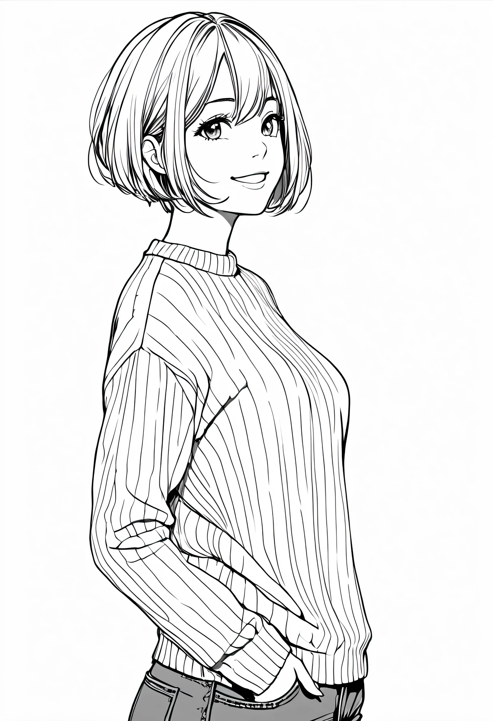 masterpiece, highest quality, High resolution / hire, Super detailed, shape, from before, cowboy shot, looking sideways, (1 female:1.2),straight short hair, jeans, knit sweater, ((simple white background)), natural smile, standing pose,white background, monochrome, line drawing, ((sketch)), middle chest,