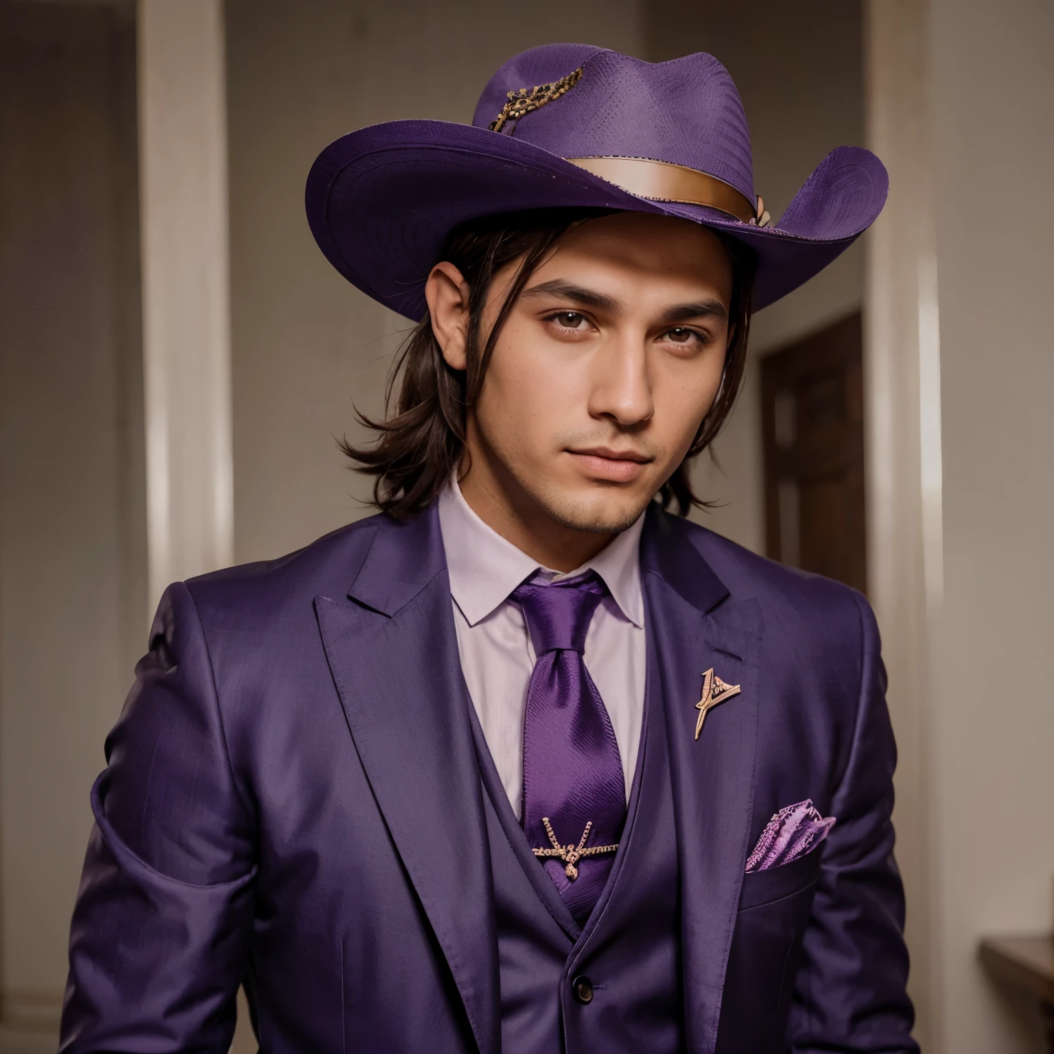 Joven de cabello plateado sujeto con una cinta con mechones irregulares que caen alrededor de sus orejas, ojos color violeta, rasgos suaves y delicados, handsome and dressed in a suit with a plum-colored vest and crimson tie, usando un sombrero de copa color morado