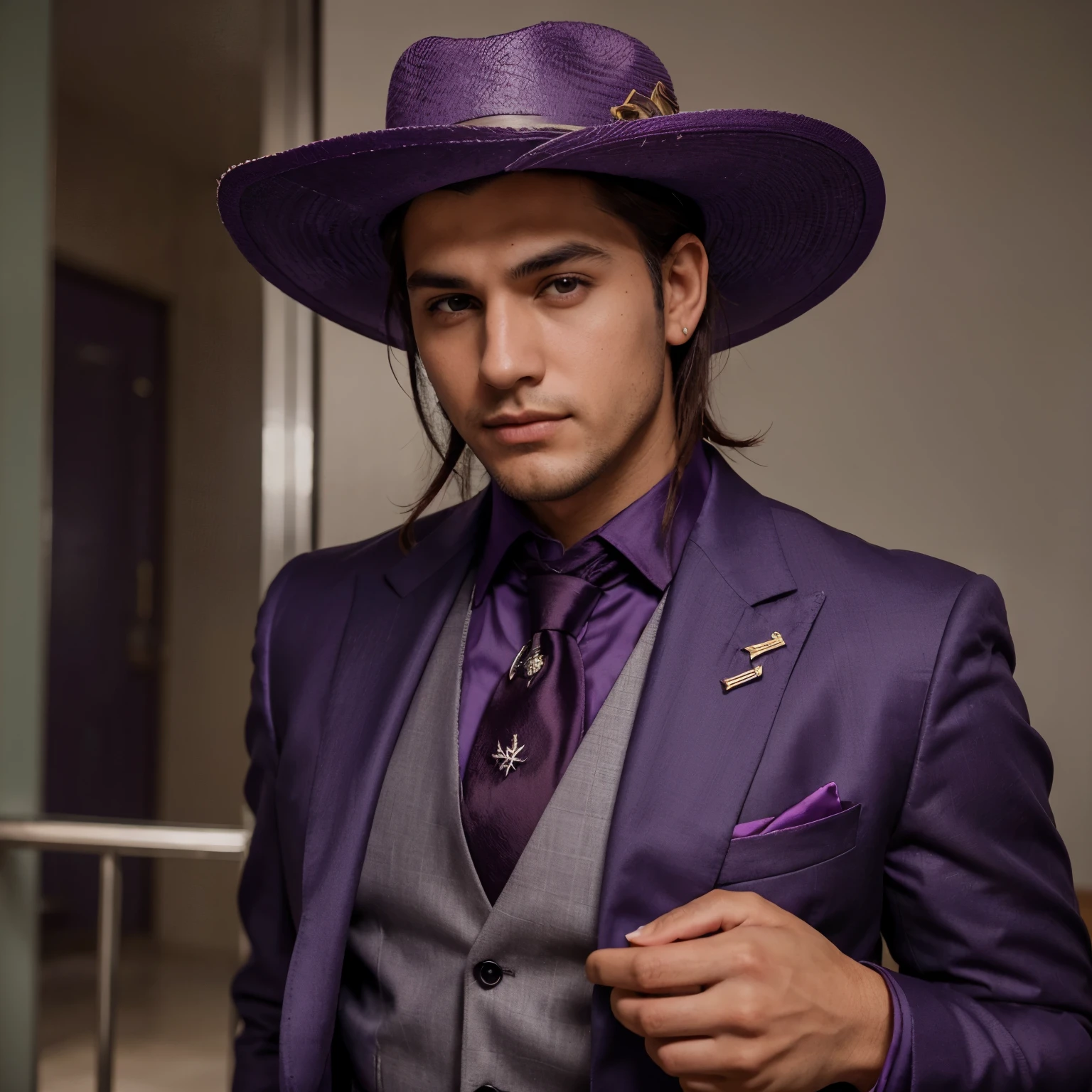 Joven de cabello plateado sujeto con una cinta con mechones irregulares que caen alrededor de sus orejas, ojos color violeta, rasgos suaves y delicados, handsome and dressed in a suit with a plum-colored vest and crimson tie, usando un sombrero de copa color morado