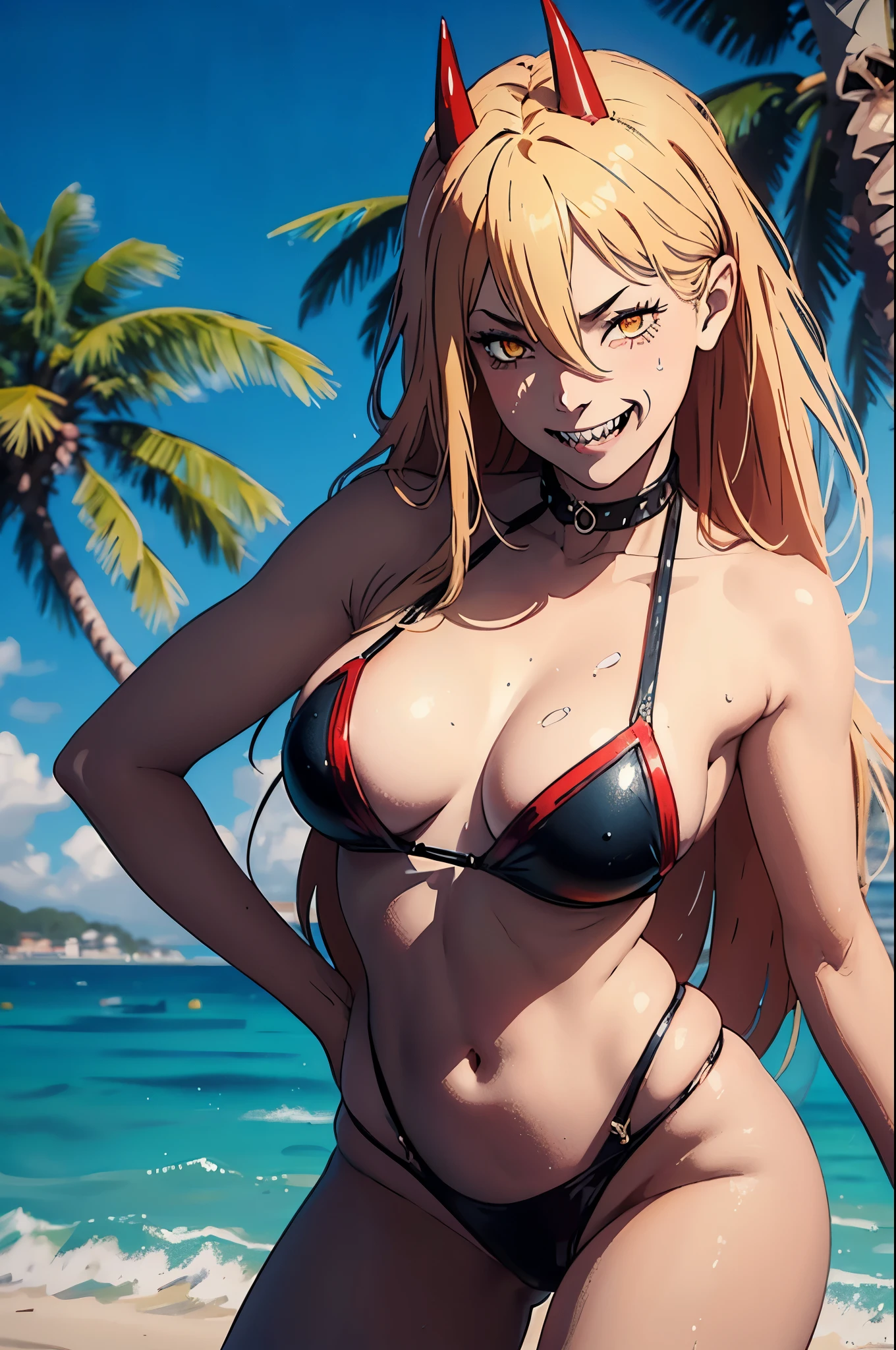 power from chainsawman, yellow vivid eyes, with her iconic two red horns on top her head, fangs, sharp teeth, wearing black bikini, cleavage, beach setting, outdoor, sunny, god rays, sparkle, sexy pose, smiling, water dripping, standing, palm trees in background