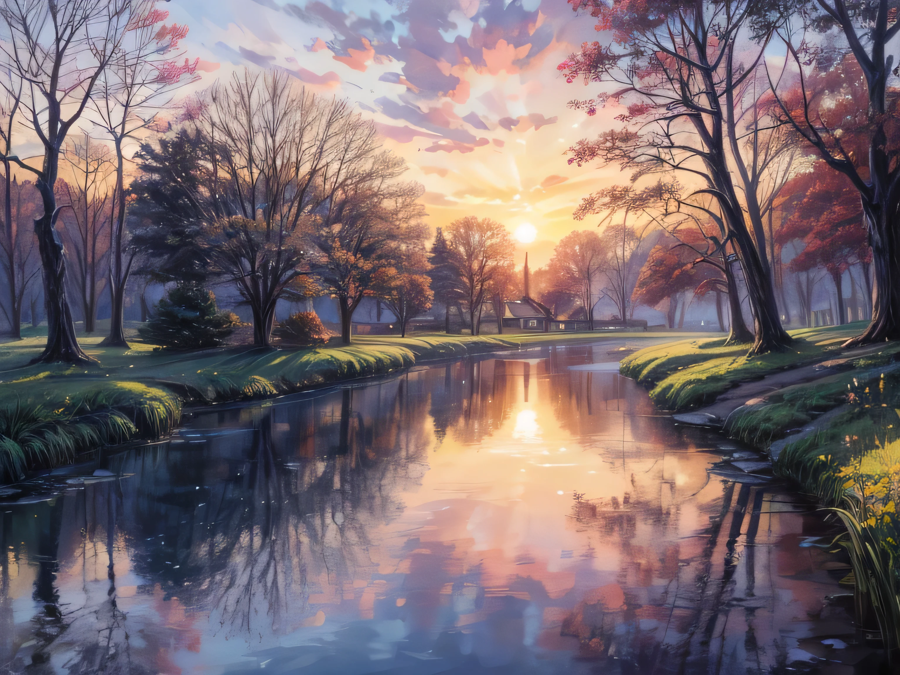 Impressionist watercolor landscape painting showing a country house (paddy) , The setting sun forms a colorful canvas against the sky，and reflects its brilliance onto the surrounding foliage and calm water, Ancient dwellings, calm river, Sunset , vibrant Sunsets, lush nature, twilight, Beautiful texture, rich foliage, peaceful, reflection in water, warm color palette, broad strokes, dreamy atmosphere, gradient sky, soft light, artistic impression