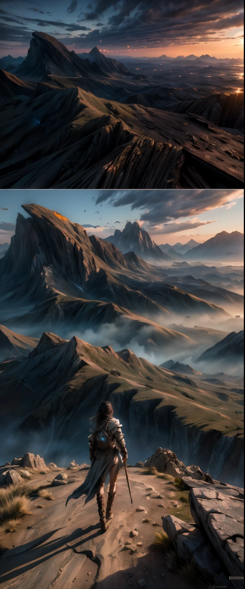 ((masterpiece, highest quality, Highest image quality, High resolution, photorealistic, Raw photo, 8K)),  Alien Landscap, mountains with a person standing on a hill in the distance, most epic landscape, an epic landscape, epic landscape, impressive fantasy landscape, epic fantasy landscape, 8 k matte painting, 8k matte painting, 4k hd matte digital painting, epic cinematic matte painting, matte painting 4k 8k, fantasy art landscape, 4 k matte painting, epic beautiful landscape, epic scenery, The sky is burning and hot gases cover the ground,