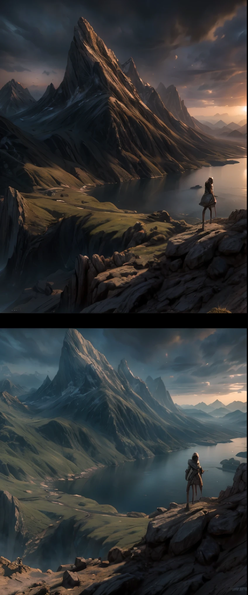 ((masterpiece, highest quality, Highest image quality, High resolution, photorealistic, Raw photo, 8K)),  Alien Landscap, mountains with a person standing on a hill in the distance, most epic landscape, an epic landscape, epic landscape, impressive fantasy landscape, epic fantasy landscape, 8 k matte painting, 8k matte painting, 4k hd matte digital painting, epic cinematic matte painting, matte painting 4k 8k, fantasy art landscape, 4 k matte painting, epic beautiful landscape, epic scenery, The sky is burning and hot gases cover the ground,