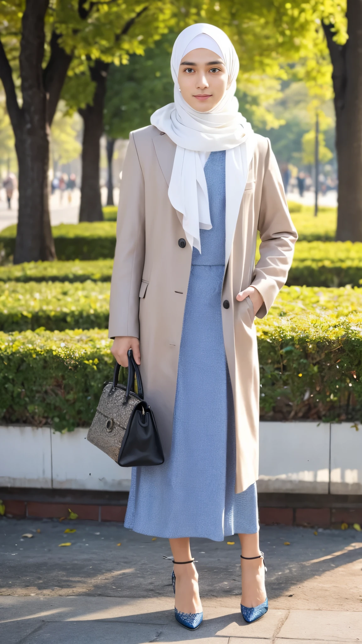 A thin and delicate man with detailed masculine face features and cute face wearing a perfect hijab, no hair seen, modern Muslim women dress, heels, and holding a hand bag. He is standing in the park with cute expression and pose.
