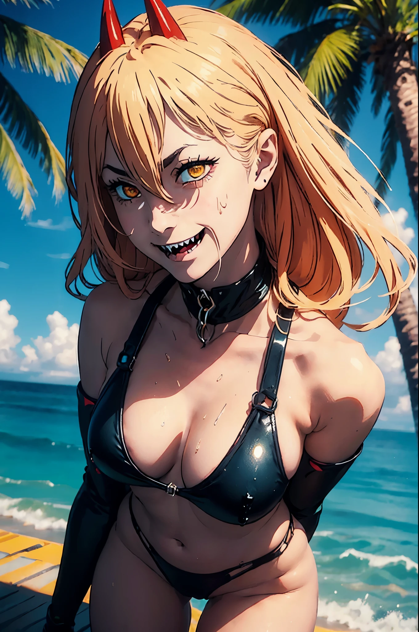 power from chainsawman, yellow vivid eyes, with her iconic two red horns on top her head, fangs, sharp teeth, wearing black bikini, cleavage, beach setting, outdoor, sunny, god rays, sparkle, sexy pose, smiling, water dripping, standing, palm trees in background