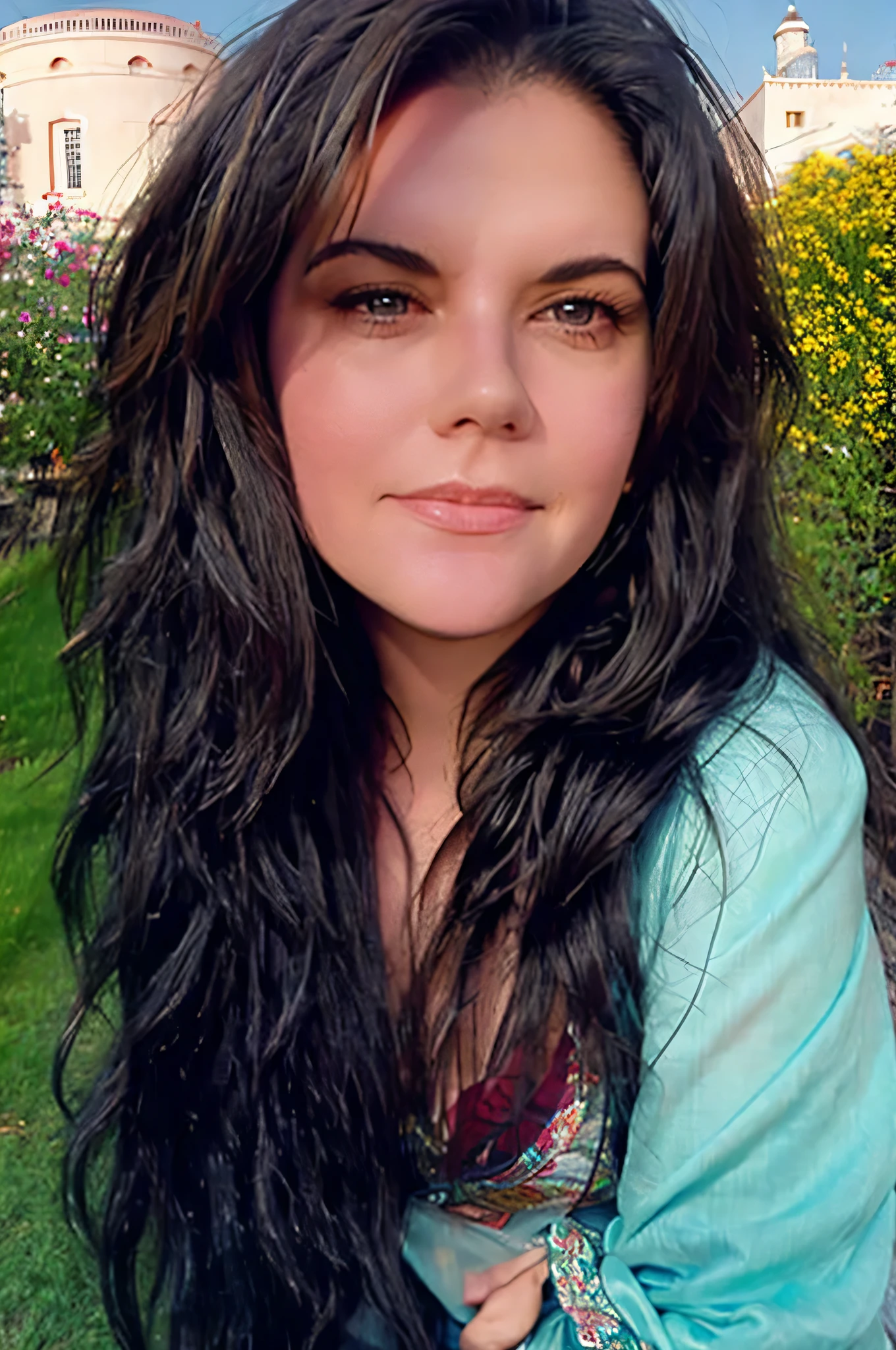 Scandinavian woman wears a torn long blue djellaba, wears a torn long green abaya, wind moves skirt. curvy bbw ((extreme detail)), (ultra-detailed), best quality, ultra high res, (8k, RAW photo, masterpiece, realistic, photorealistic:1.4), 8k uhd, dslr, absurdres, ray tracing, high quality texture, intricate details, detailed texture, finely detailed. Portrait photo of a lady. Beautiful perfect face. She smiles looking at viewer. Smooth white skin, real pores, (looking at the viewer). She's in Marrakech. Outdoor in Riad. Medina in background. All around signs of paradise (sun, mist, flowers), best quality, fine details, {{masterpiece, best quality, extremely detailed CG, unity 8k wallpaper, cinematic lighting, lens flare}}.