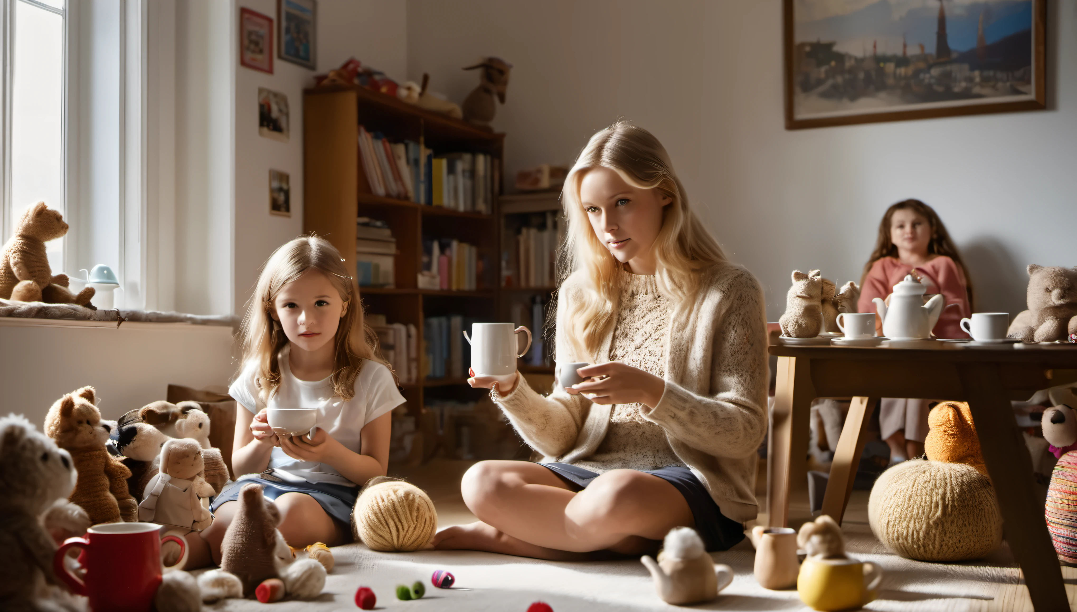 cinematic photo style by Jeanloup Sieff, Beautiful face, 1 girl 14 years old with long hair along with a woman 50 years old with short blond hair, girl crocheting knitted toys while sitting in a deep chair, Group portrait, against the background of a white wall of children&#39;s drawings and a window with curtains, on a wooden table there is one white mug full of tea, books, the sun falls through the window, evening, studio lighting, film, bokeh, professional, professional photo, 8k, highly detailed,