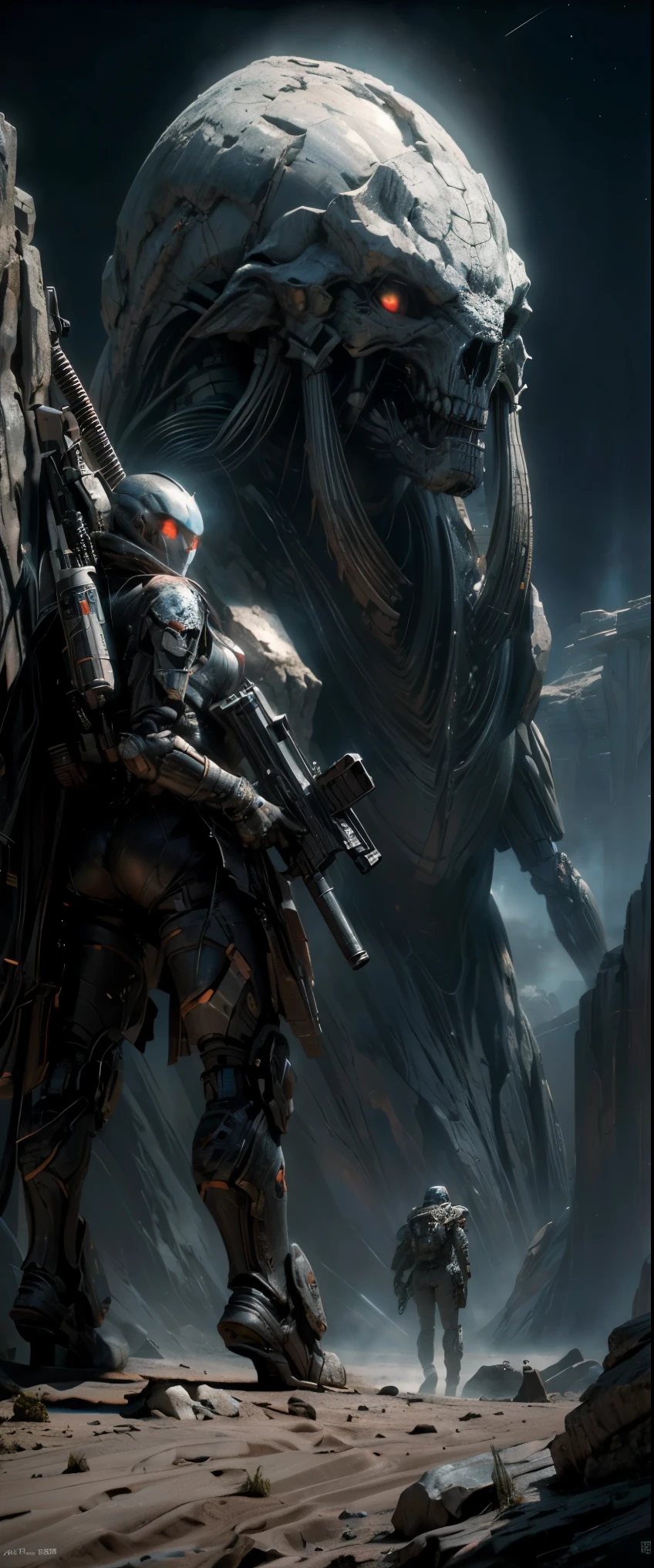 ((masterpiece, highest quality, Highest image quality, High resolution, photorealistic, Raw photo, 8K)), arafed robot with a large gun in a desert area, sci fi epic digital art, giant sentinel crashed on earth, sci-fi fantasy wallpaper, sci fi artwork, high quality digital concept art, epic fantasy sci fi illustration, epic scifi fantasy art, sci - fi artwork, sci-fi artwork, sci-fi fantasy desktop wallpaper, sci-fi fantasy art, 