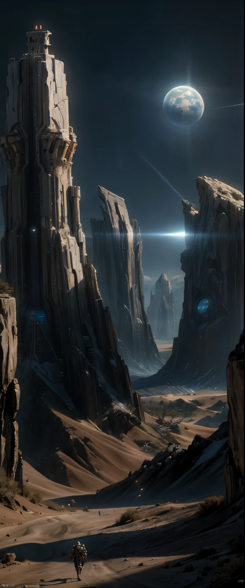 ((masterpiece, highest quality, Highest image quality, High resolution, photorealistic, Raw photo, 8K)), arafed robot with a large gun in a desert area, sci fi epic digital art, giant sentinel crashed on earth, sci-fi fantasy wallpaper, sci fi artwork, high quality digital concept art, epic fantasy sci fi illustration, epic scifi fantasy art, sci - fi artwork, sci-fi artwork, sci-fi fantasy desktop wallpaper, sci-fi fantasy art, 