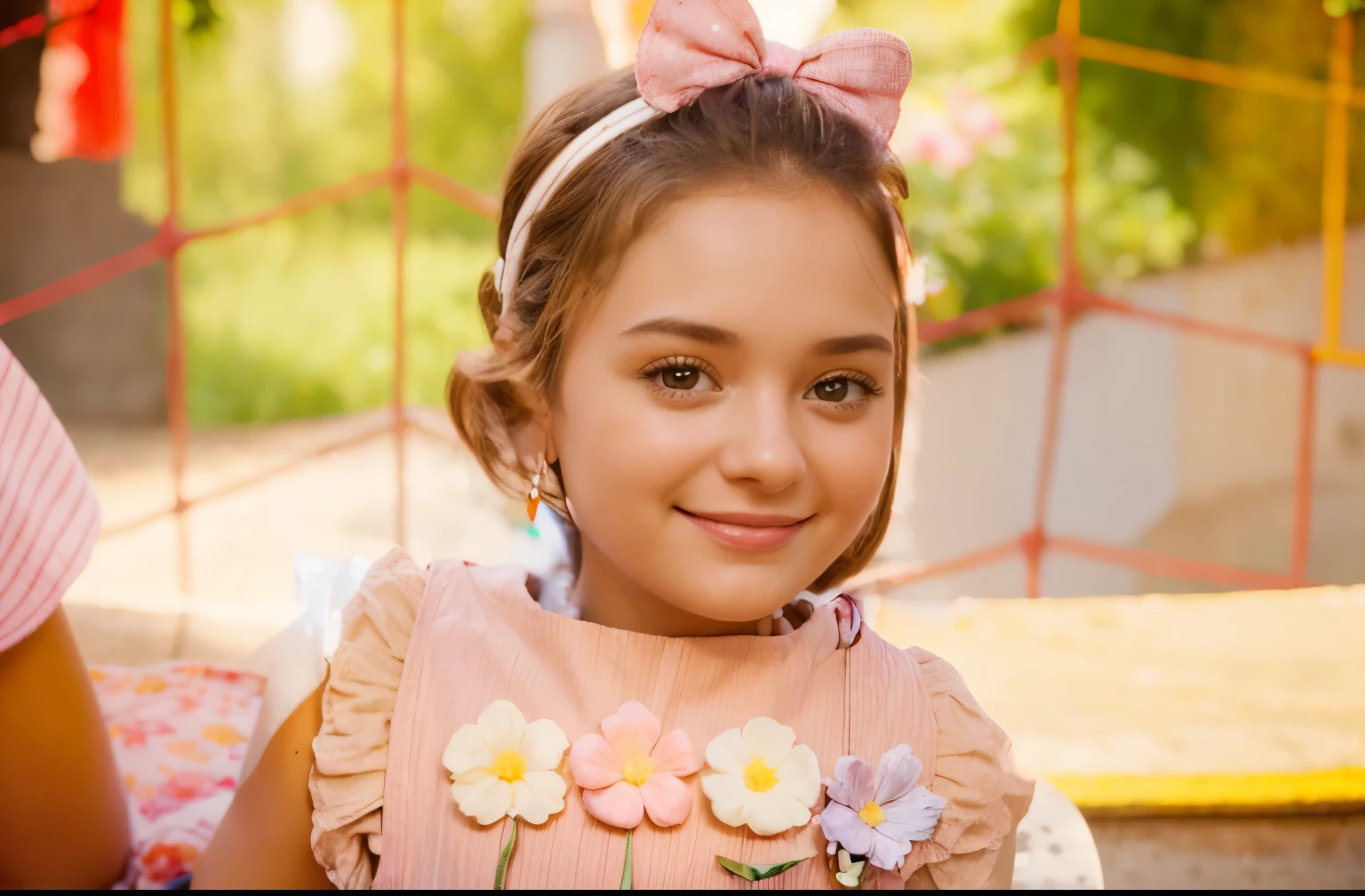 isabella, aproximadamente 5 anos de idade, cabelo liso com as pontas enrolada estilo Disney, olhos castanhos e sorrisos.