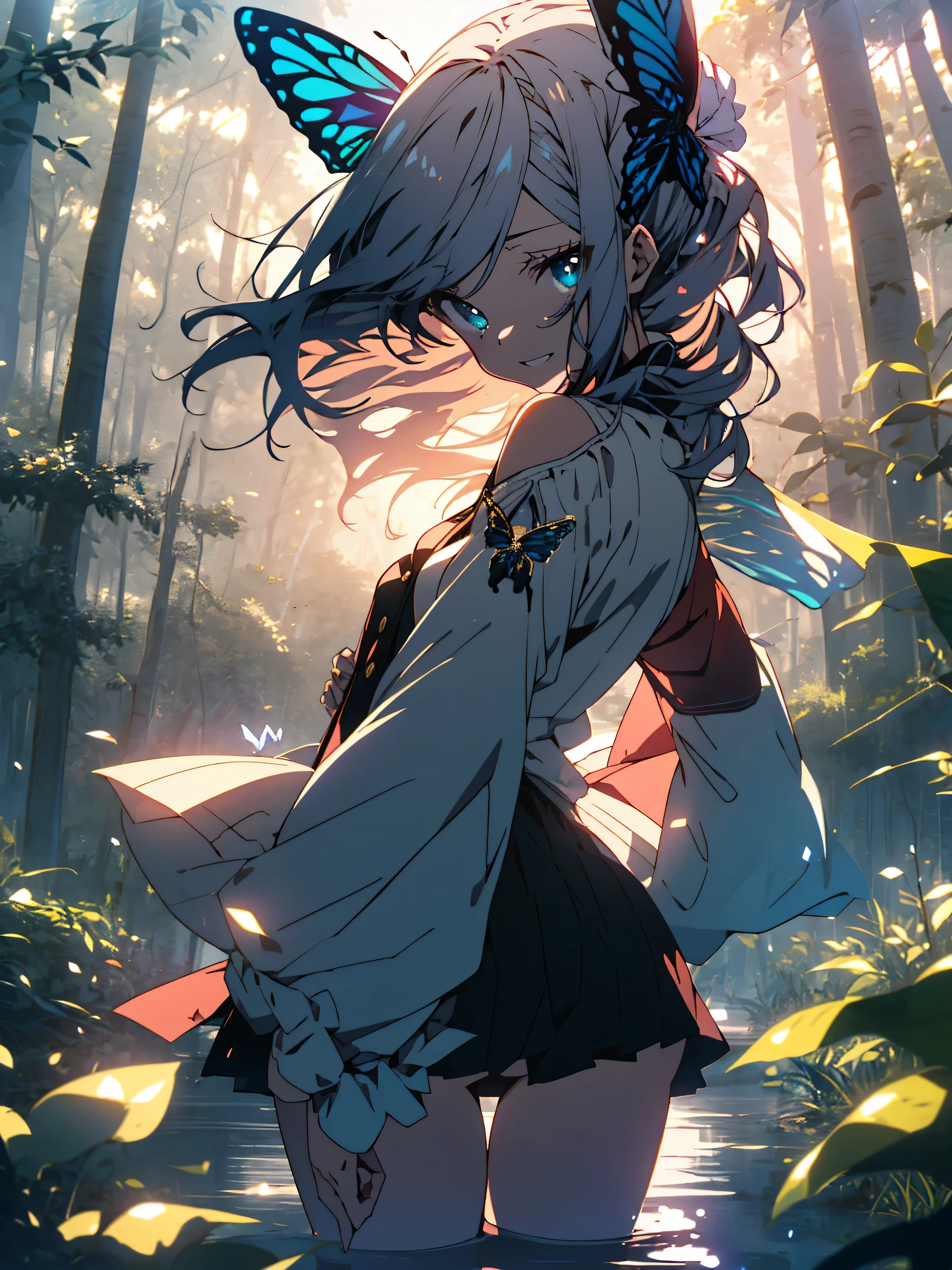 NSFW,((masterpiece)),(((highest quality))),((Super detailed)),((((Anime-like)))),((messy hair)),((frills)),(1 girl),(alone)、smile、((thigh focus))、sex from behind, (((butt focus))),((Cleavage Focus)),lipstick,dynamic angle,big sleeves,floating,beautiful detailed sky,detailed and beautiful eyes,exposed,(in the forest),(Beautiful large butterfly wings grow on its back)、(Flying gracefully in the sky)、blunt side bangs,hair between eyes,ribbon,A bow tie,button,bare shoulders,(((small breasts))),fine wet clothes,gaping face,pleated skirt,flowers 、beautiful anime