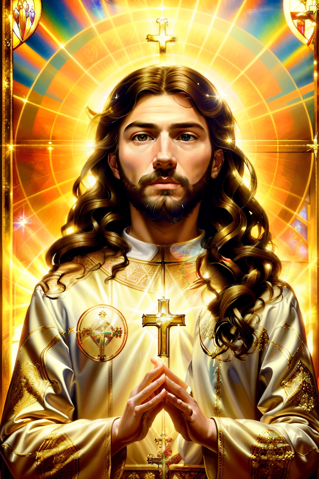 A revered image of Jesus, painted in the traditional Russian Orthodox art style, reminiscent of an old 2D masterpiece. The intricately detailed facial features of Jesus portray a sense of wisdom and peace, with warm colors and muted tones adding to its antiquated charm. The halo surrounding his head shines brightly, adorned with delicate gold details, enhancing the overall sacredness of the painting. The background is simple yet intriguing, filled with symbols and motifs characteristic of Russian Orthodox art. The beautifully preserved art piece radiates a profound aura, captivating the hearts and minds of all who admire it.