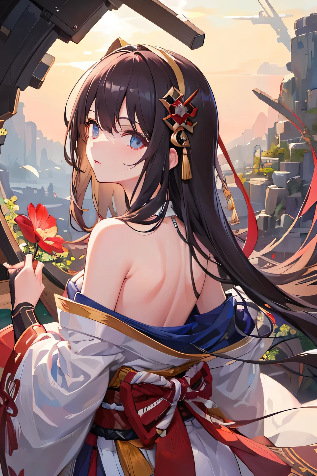 (((masterpiece))), (((best quality))), ((ultra-detailed)), (illustration), (detailed light), ((an extremely delicate and beautiful)), (beautiful detailed eyes), (sunlight), raidenshogundef, raidenshogunrnd,
