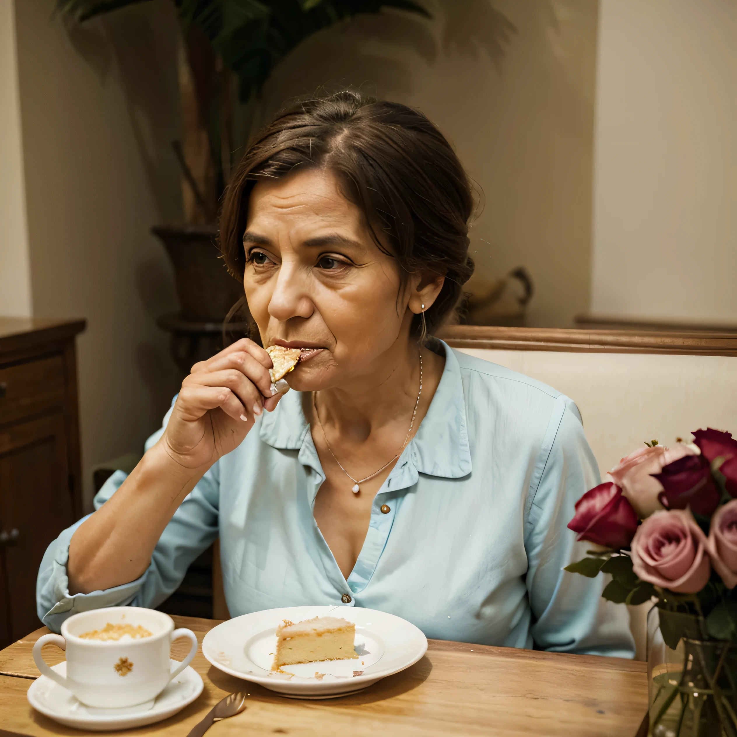 An poor old women eating cake with her