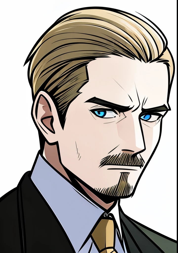 Young Adult male, white and tender skin, pale blonde slicked back combed short hair, kaisermustache, ducktail beard, steel blue eyes, green and slightly mature, serious and emotionless facial expression,wearing world war 2 era german fatigues, portrait style, facing forwards