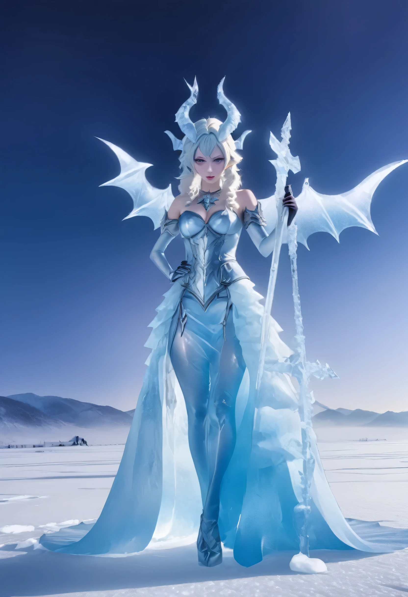 an ice female demon、Standing in the frozen snow field、Witch wearing pale armor, ((sexy costume:1)), SEXY female devil,