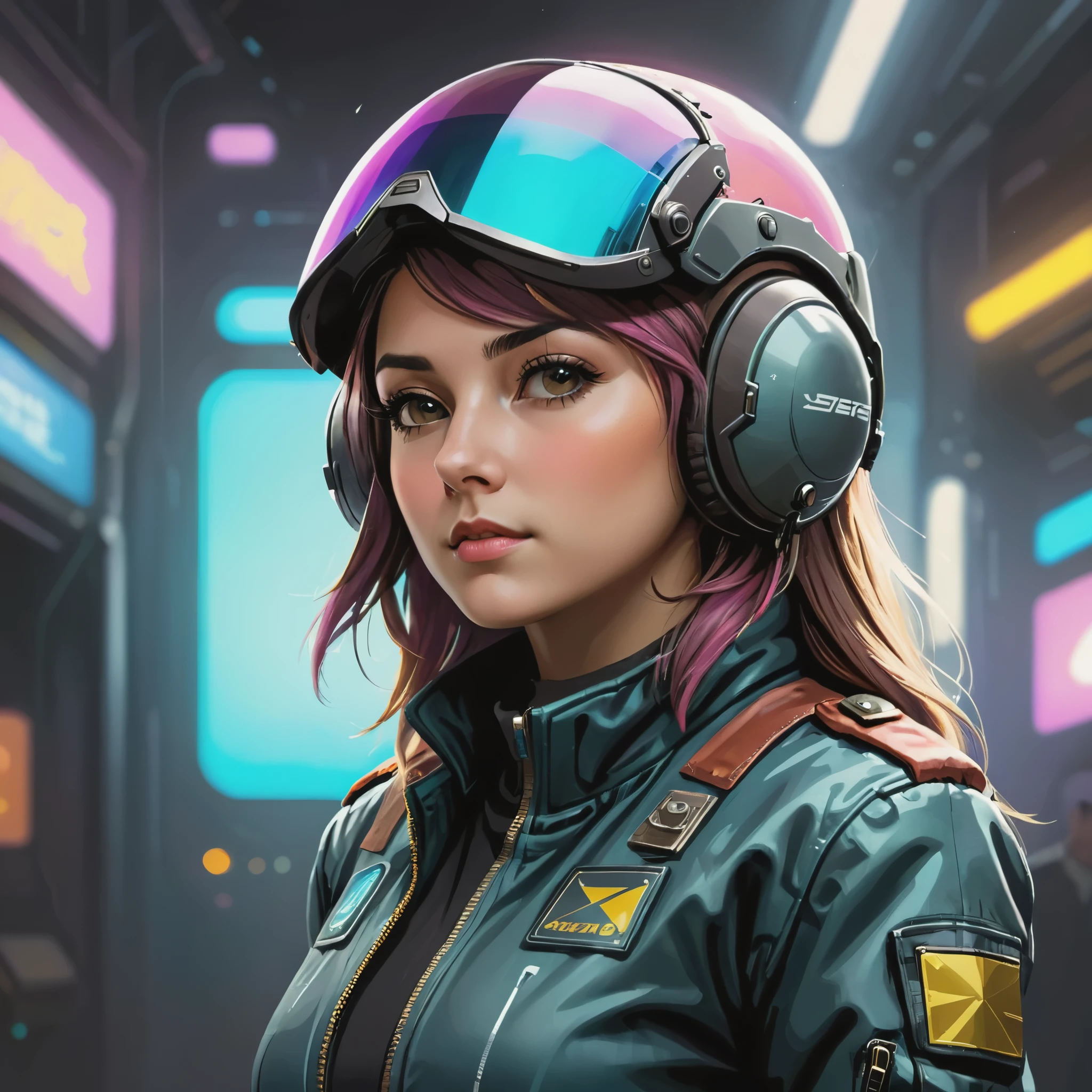 (masterpiece,best quality,Super detailed,ultra high resolution,Detailed background),((cyberpunk)),((flat color)),((rich and colorful)),(1 girl),pilot,pilot helmet,pilot jacket,looking at the audience,alone,Upper body,Colorful background,high contrast,Contrasting colors,Cowboy shooting,