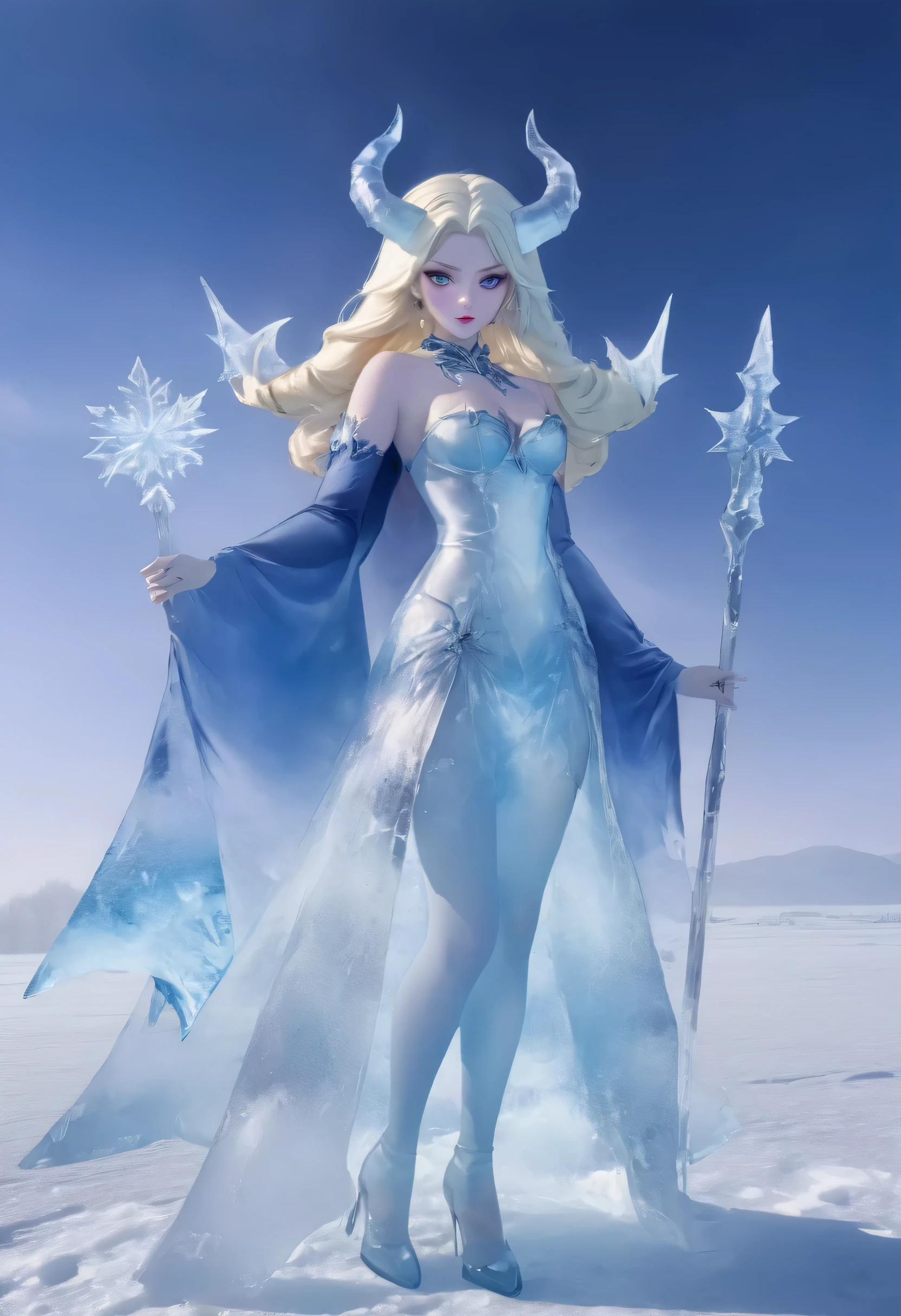 an ice female demon、Standing in the frozen snow field、Witch wearing pale armor, ((sexy costume:1)), SEXY female devil,