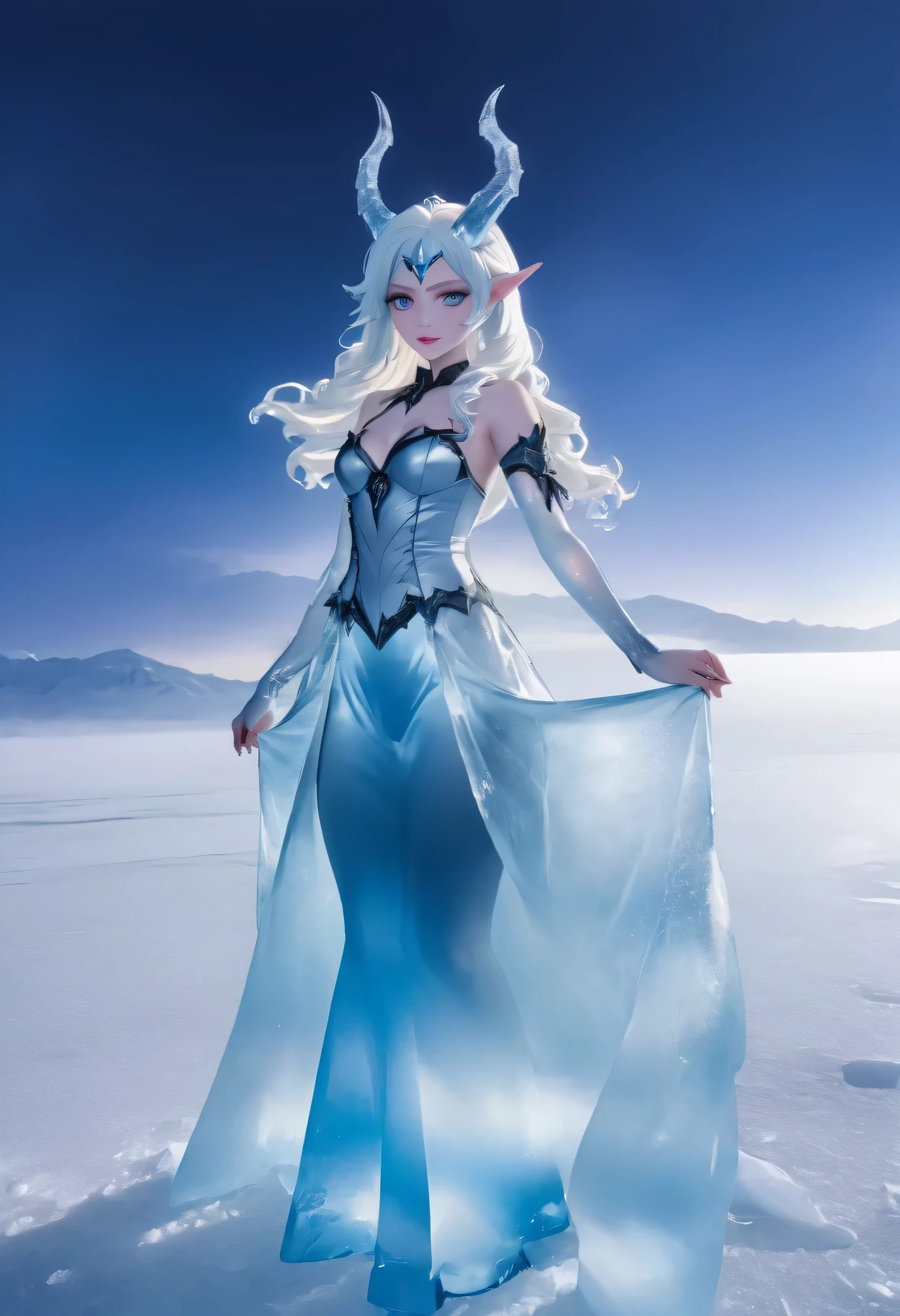 an ice female demon、Standing in the frozen snow field、Witch wearing pale armor, ((sexy costume:1)), SEXY female devil,