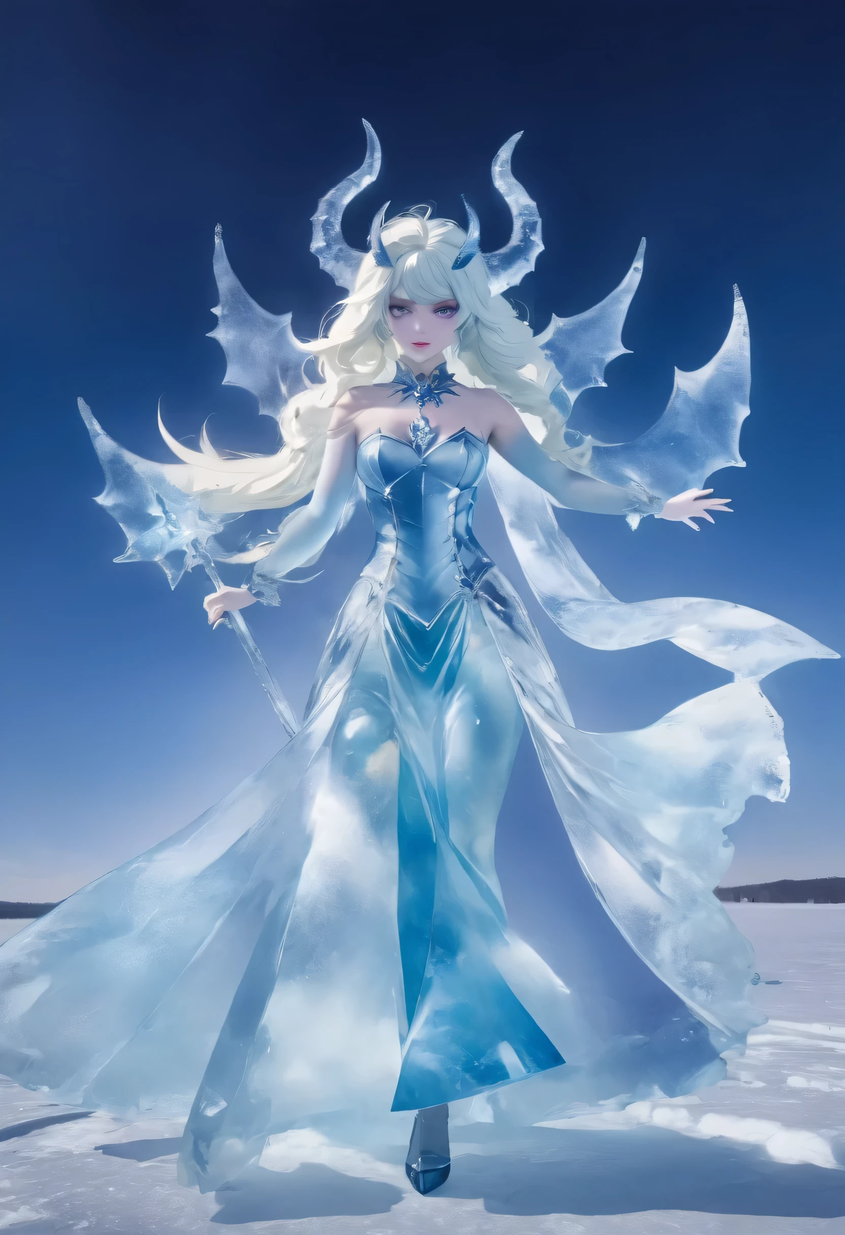 an ice female demon、Standing in the frozen snow field、Witch wearing pale armor, ((sexy costume:1)), SEXY female devil,