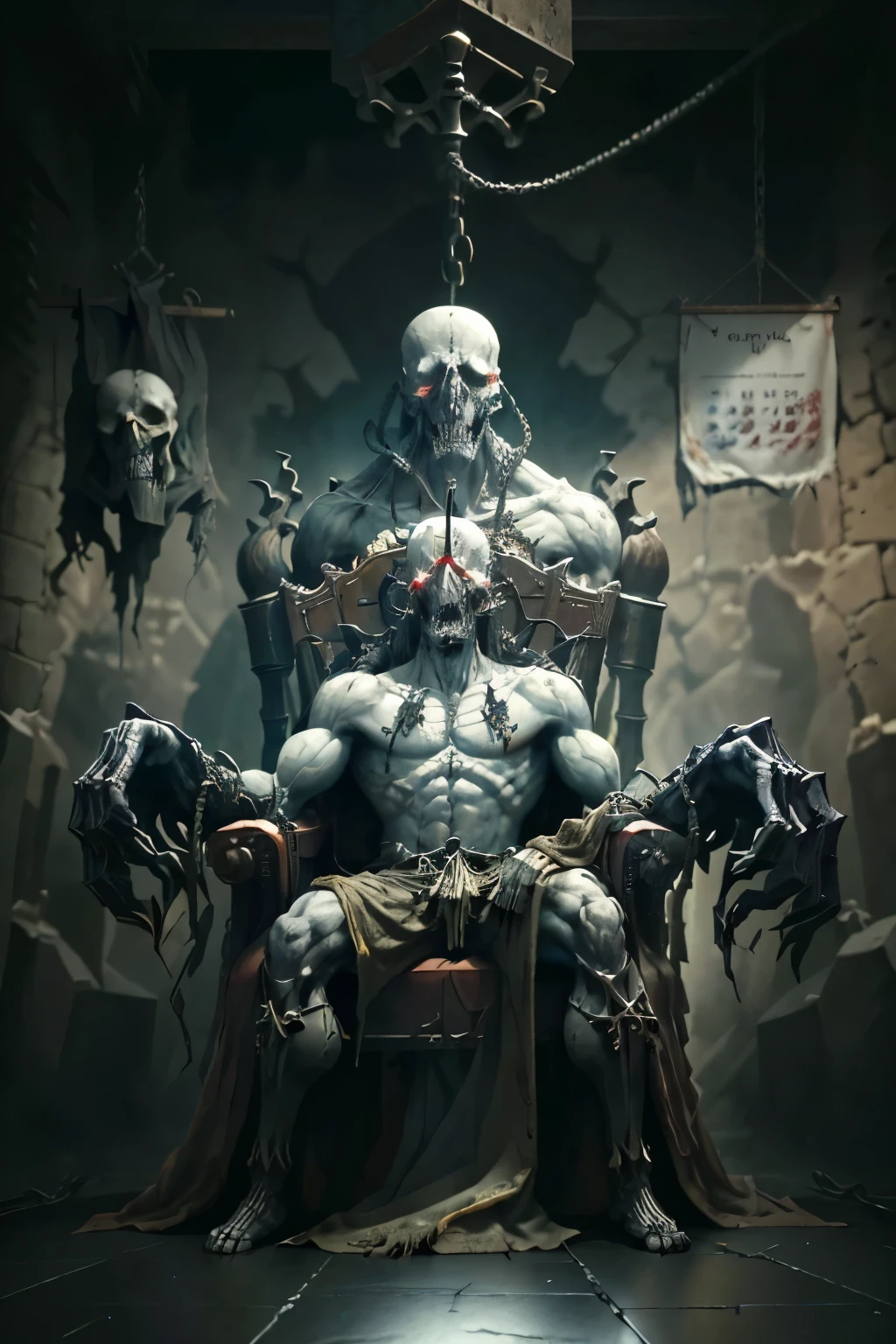 In the room of suffering, a skeletal king with a menacing grin sat upon a throne made of bone. His boney fingers tapped impatiently on the armrest as he glanced at an ancient calendar, its pages flipping ominously. The room was filled with the agonized cries of tormented souls, their cries echoing off the walls adorned with runes and symbols. Some hung from ropes attached to the ceiling, their bodies writhing in pain. Others lay chained to the stone floor, their faces twisted in suffering. The air was thick with the scent of burning flesh and the sense of despair. Suddenly, a bolt of lightning illuminated the room, revealing the