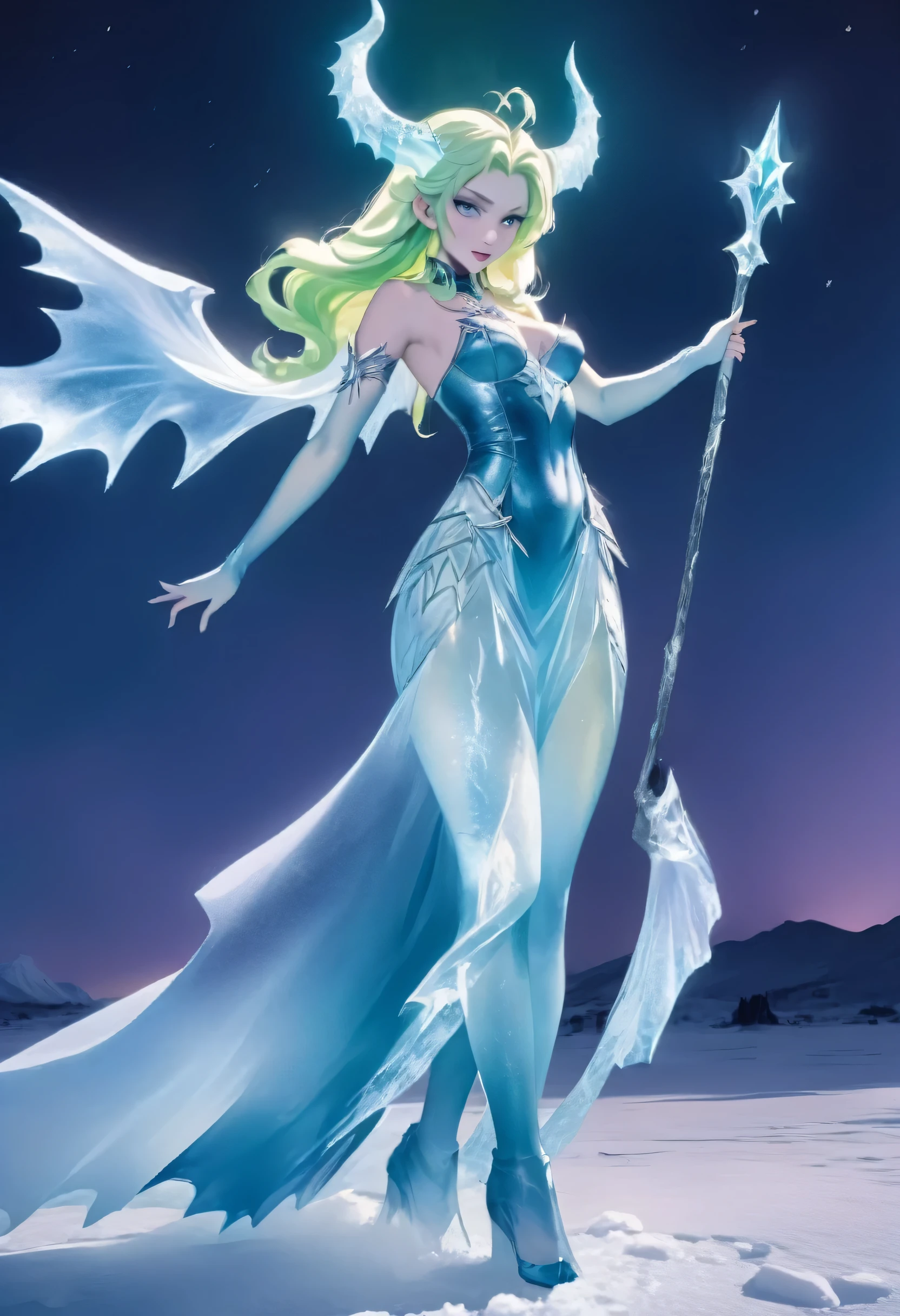 an ice female demon、Standing in the frozen snow field、Witch wearing pale armor, ((sexy costume:1)), SEXY female devil, ((aurora in the night sky)), 