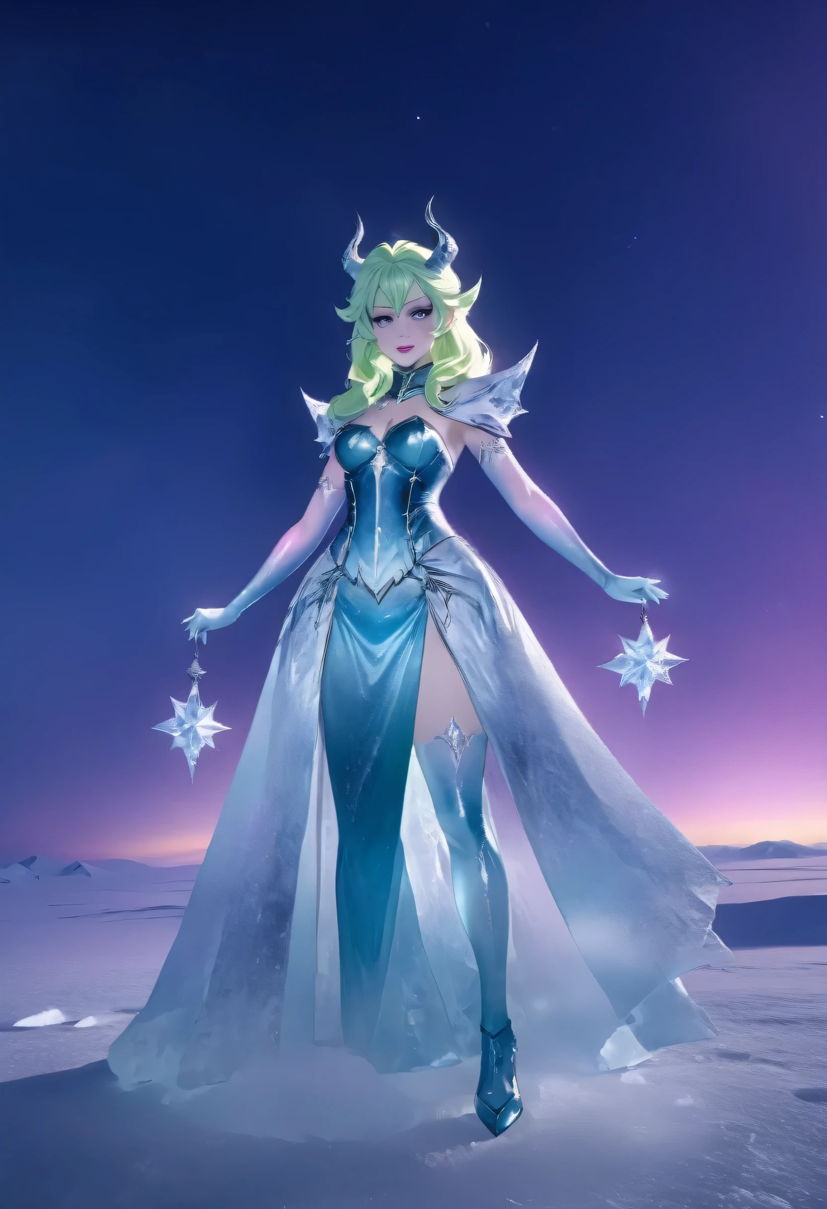 an ice female demon、Standing in the frozen snow field、Witch wearing pale armor, ((sexy costume:1)), SEXY female devil, ((aurora in the night sky)),