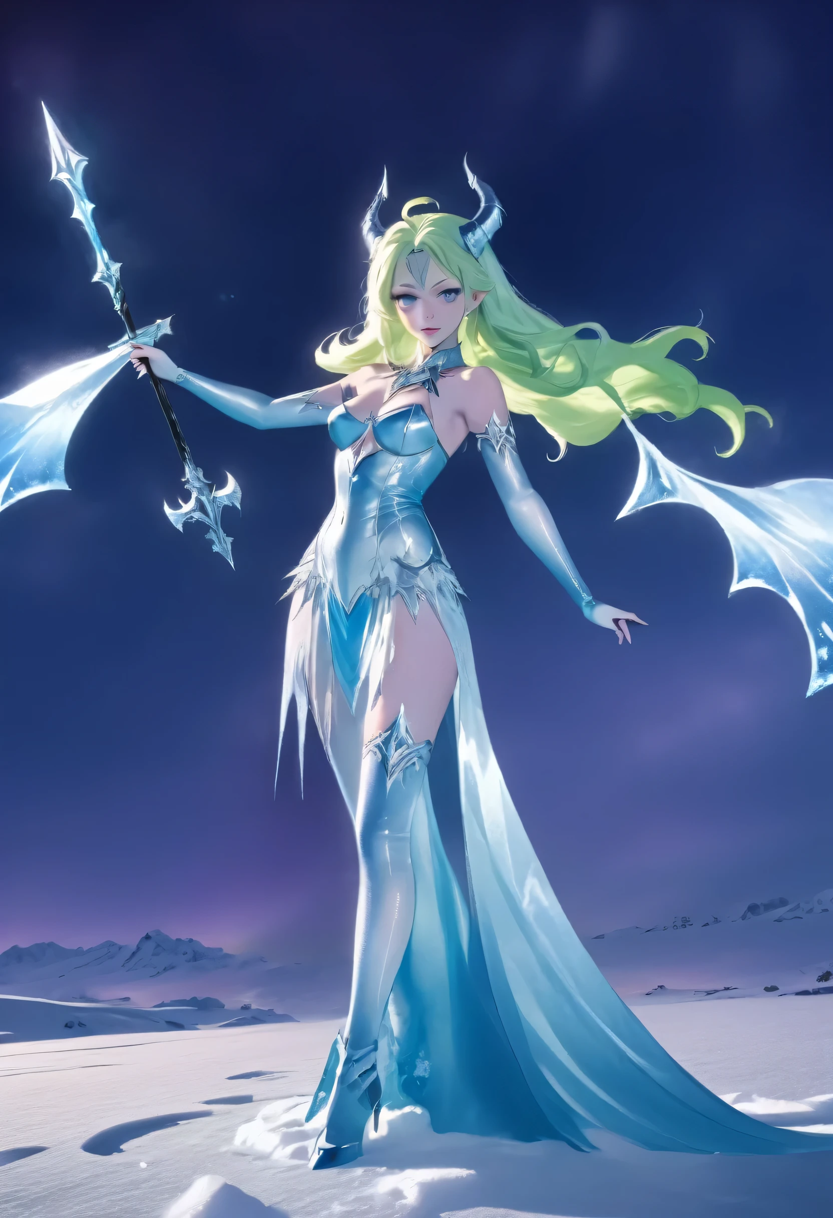 an ice female demon、Standing in the frozen snow field、Witch wearing pale armor, ((sexy costume:1)), SEXY female devil, ((aurora in the night sky)), 