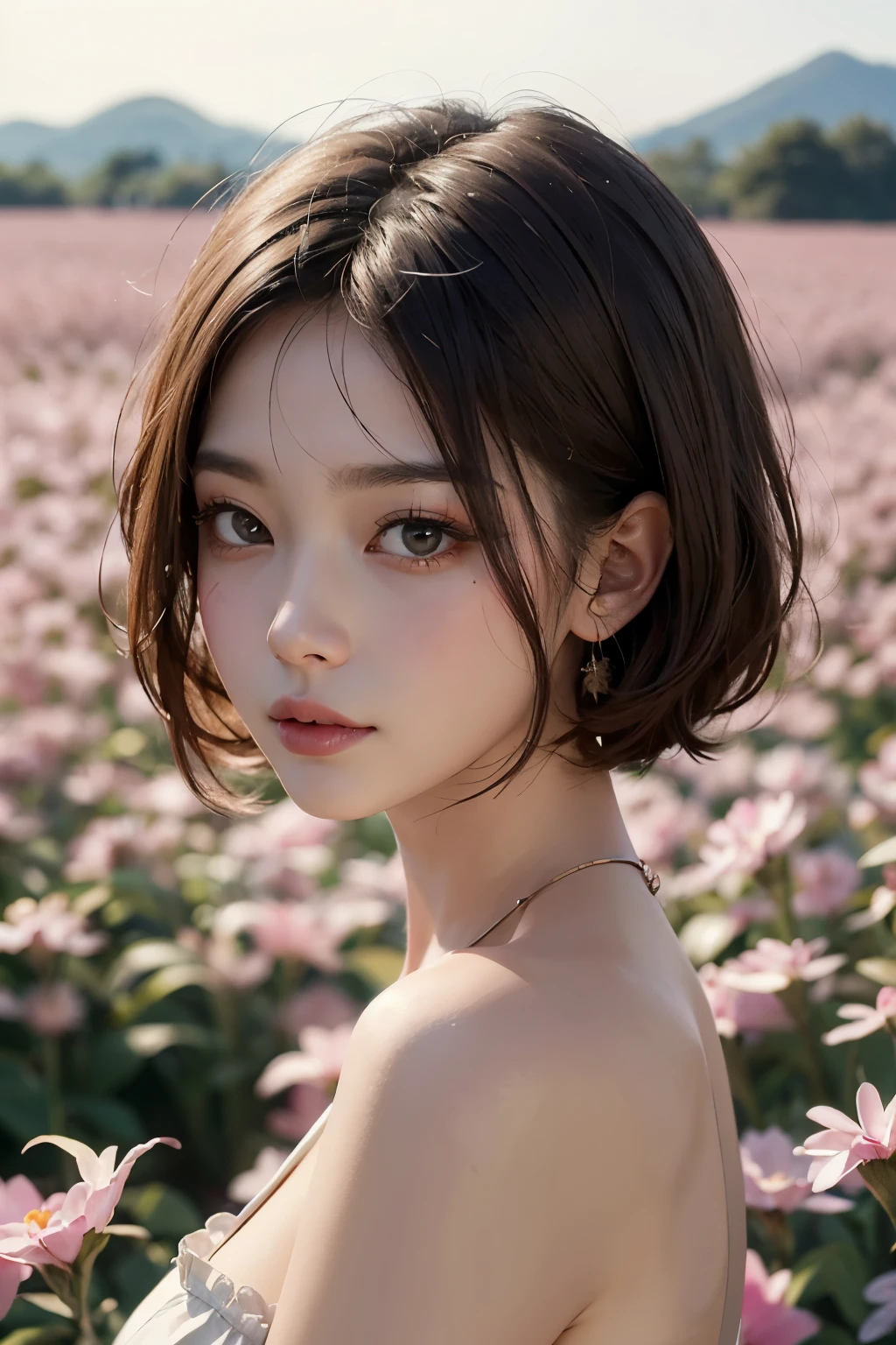 ((best quality)), ((masterpiece)), (detailed), perfect face, Korean beauty posing in a pink muhly field, one piece, Short hair